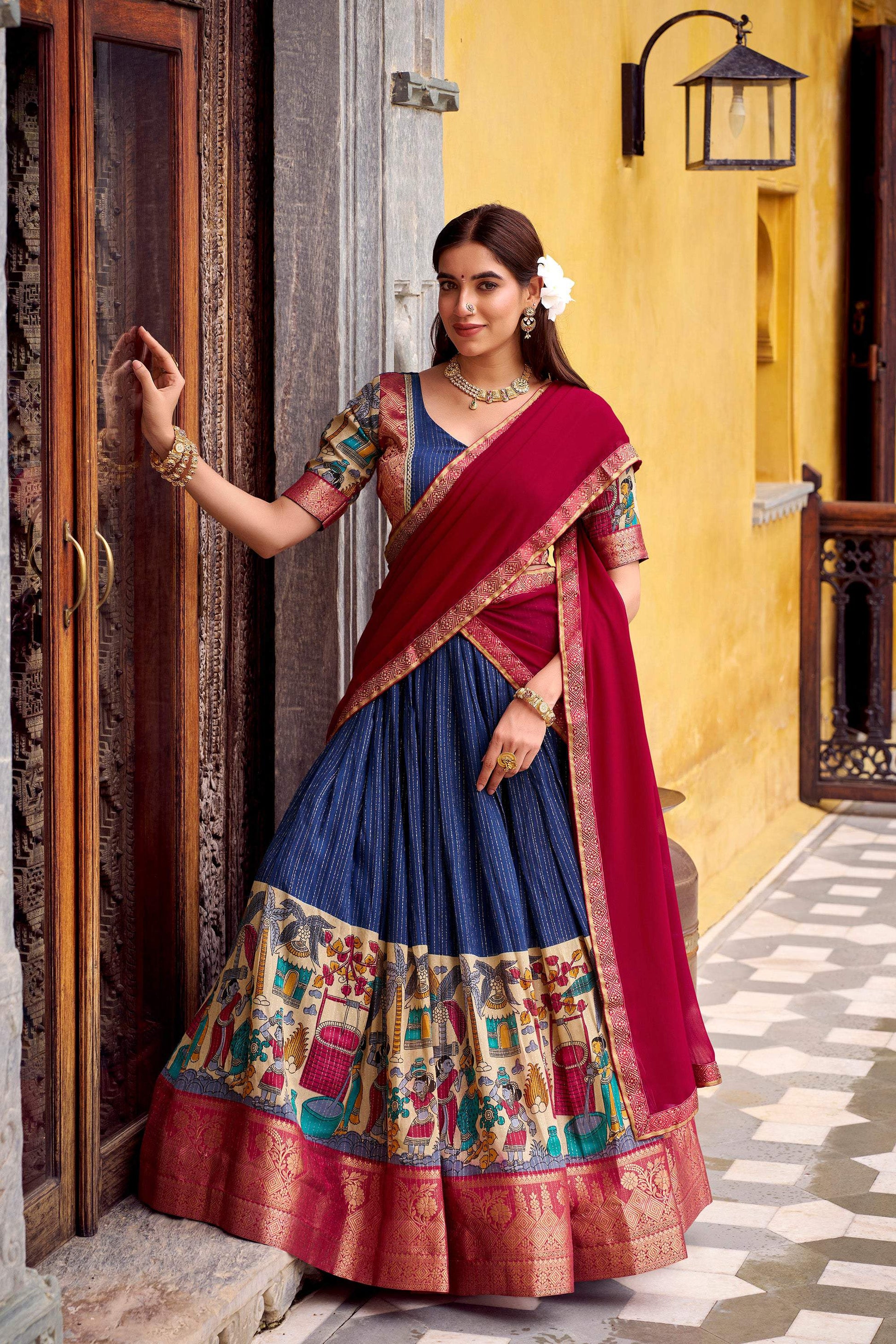 Lorenvalley Fashion Multicolor Poly Chanderi Zari Stripe Kalamkari Printed With Zari Weaving Work Lehenga Choli with Dupatta 