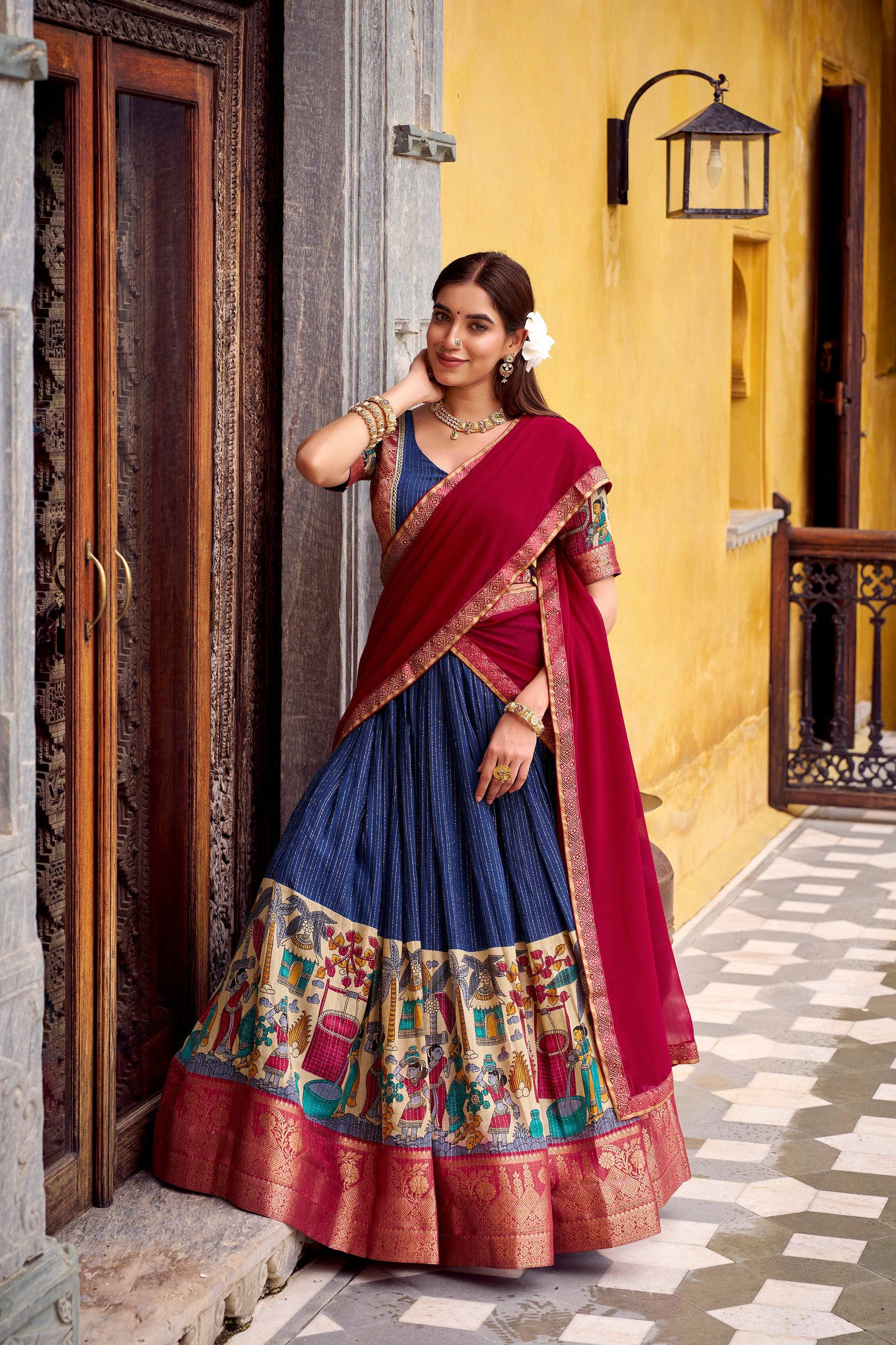 Lorenvalley Fashion Multicolor Poly Chanderi Zari Stripe Kalamkari Printed With Zari Weaving Work Lehenga Choli with Dupatta 
