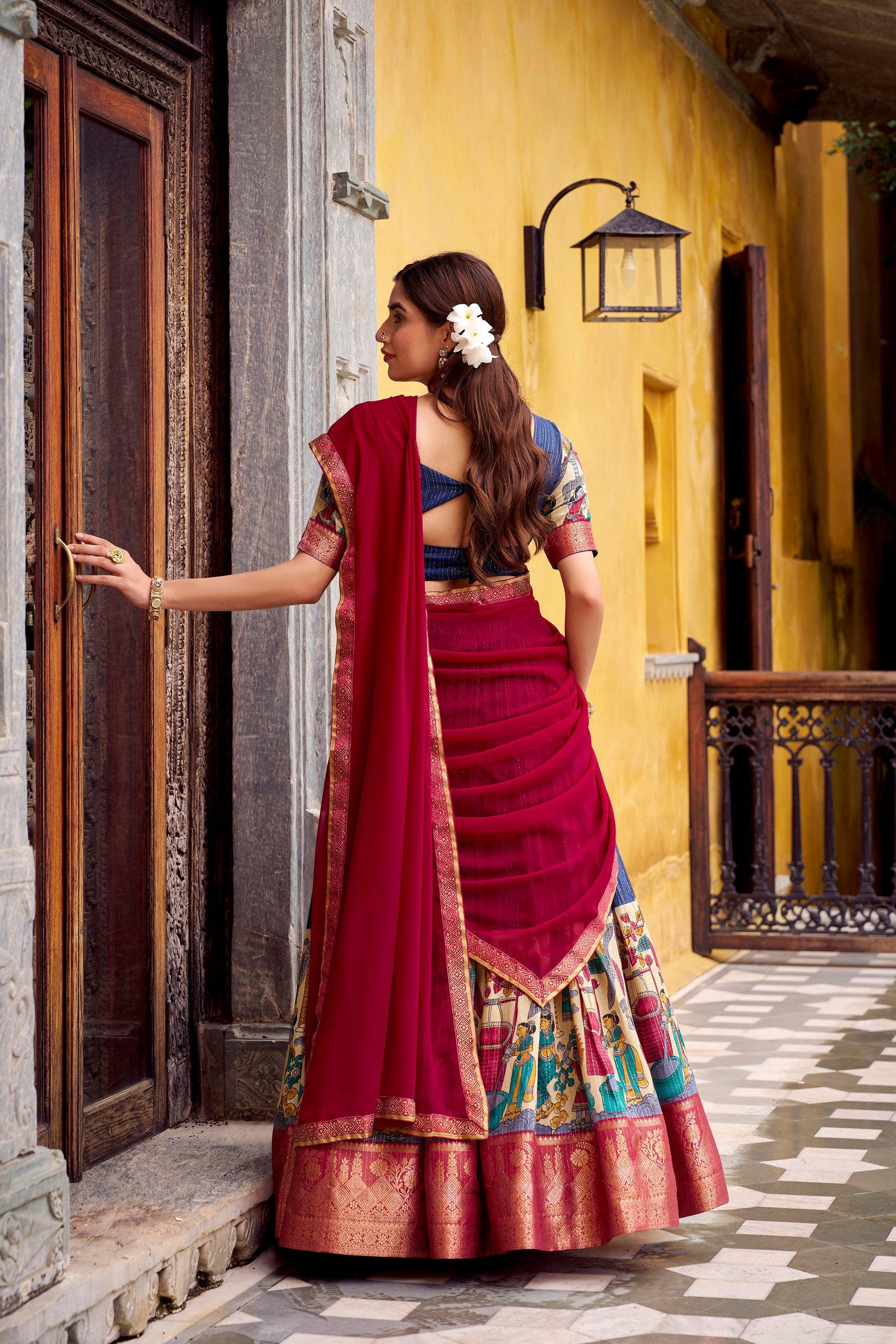 Lorenvalley Fashion Multicolor Poly Chanderi Zari Stripe Kalamkari Printed With Zari Weaving Work Lehenga Choli with Dupatta 