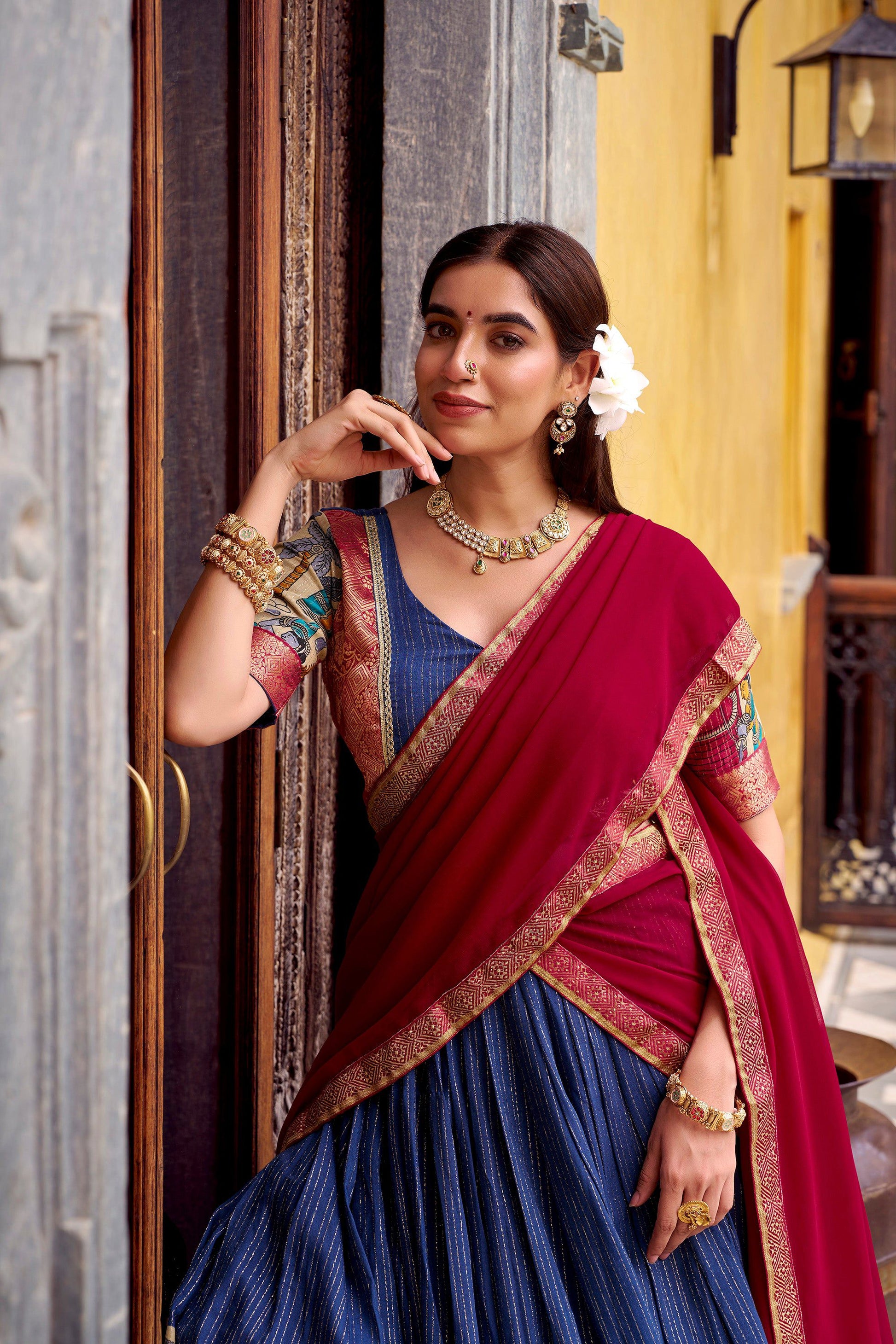 Lorenvalley Fashion Multicolor Poly Chanderi Zari Stripe Kalamkari Printed With Zari Weaving Work Lehenga Choli with Dupatta 