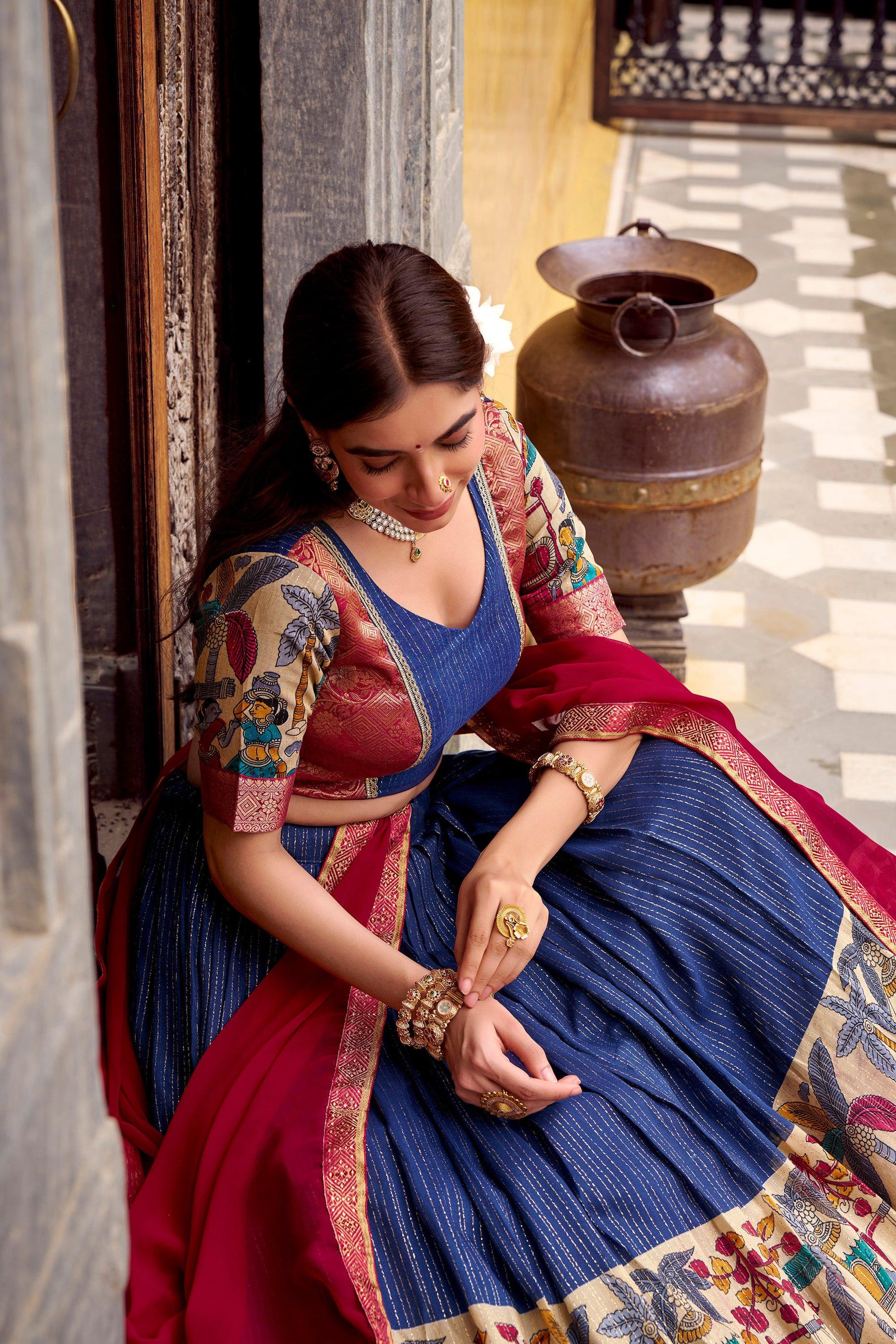 Lorenvalley Fashion Multicolor Poly Chanderi Zari Stripe Kalamkari Printed With Zari Weaving Work Lehenga Choli with Dupatta 