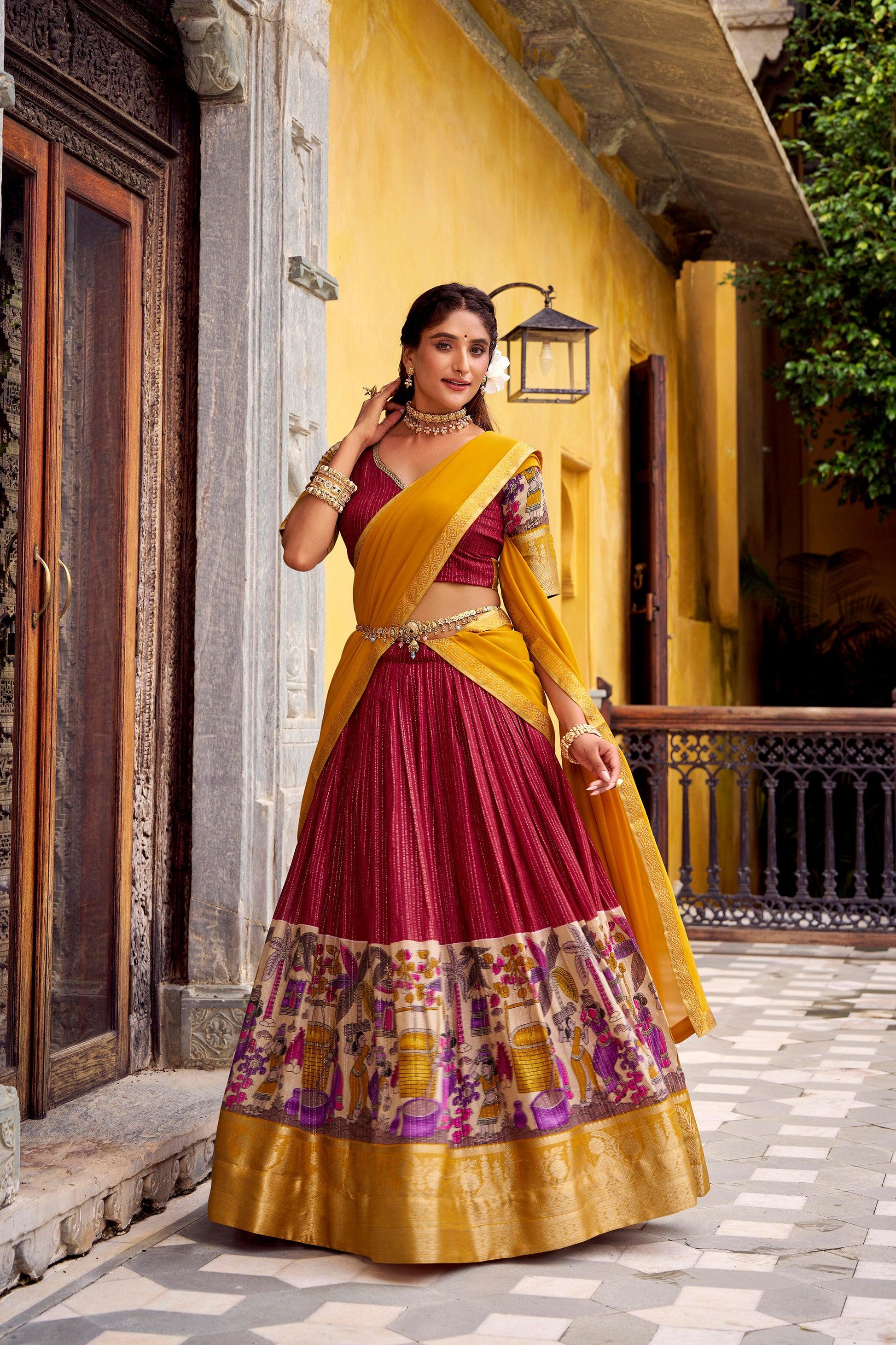 Lorenvalley Fashion Multicolor Poly Chanderi Zari Stripe Kalamkari Printed With Zari Weaving Work Lehenga Choli with Dupatta 