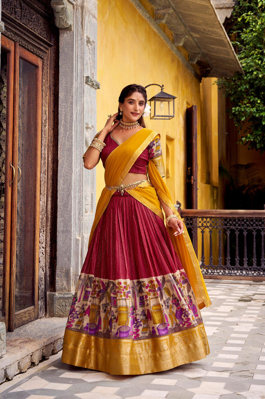 Lorenvalley Fashion Multicolor Poly Chanderi Zari Stripe Kalamkari Printed With Zari Weaving Work Lehenga Choli with Dupatta 