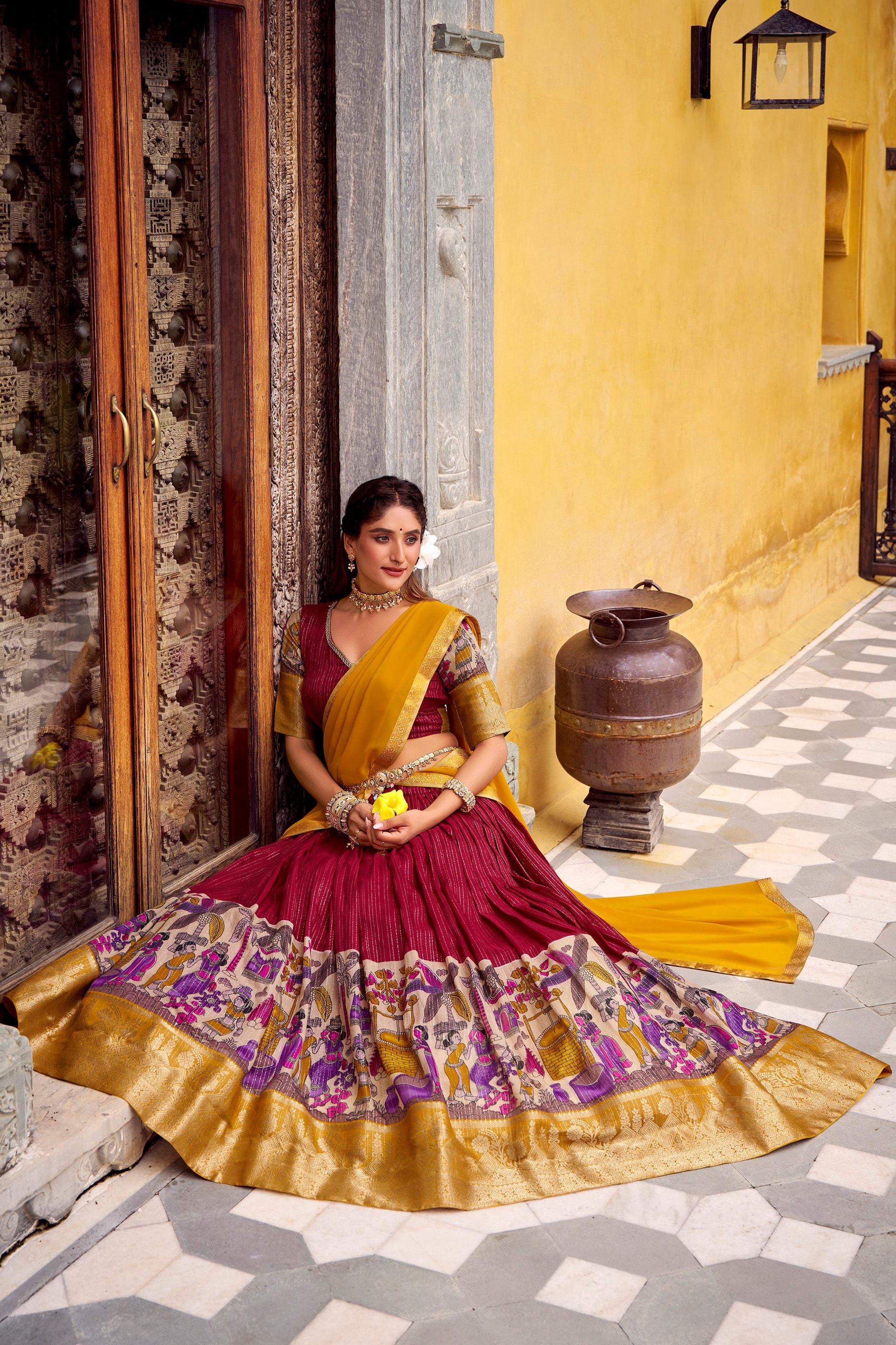 Lorenvalley Fashion Multicolor Poly Chanderi Zari Stripe Kalamkari Printed With Zari Weaving Work Lehenga Choli with Dupatta 