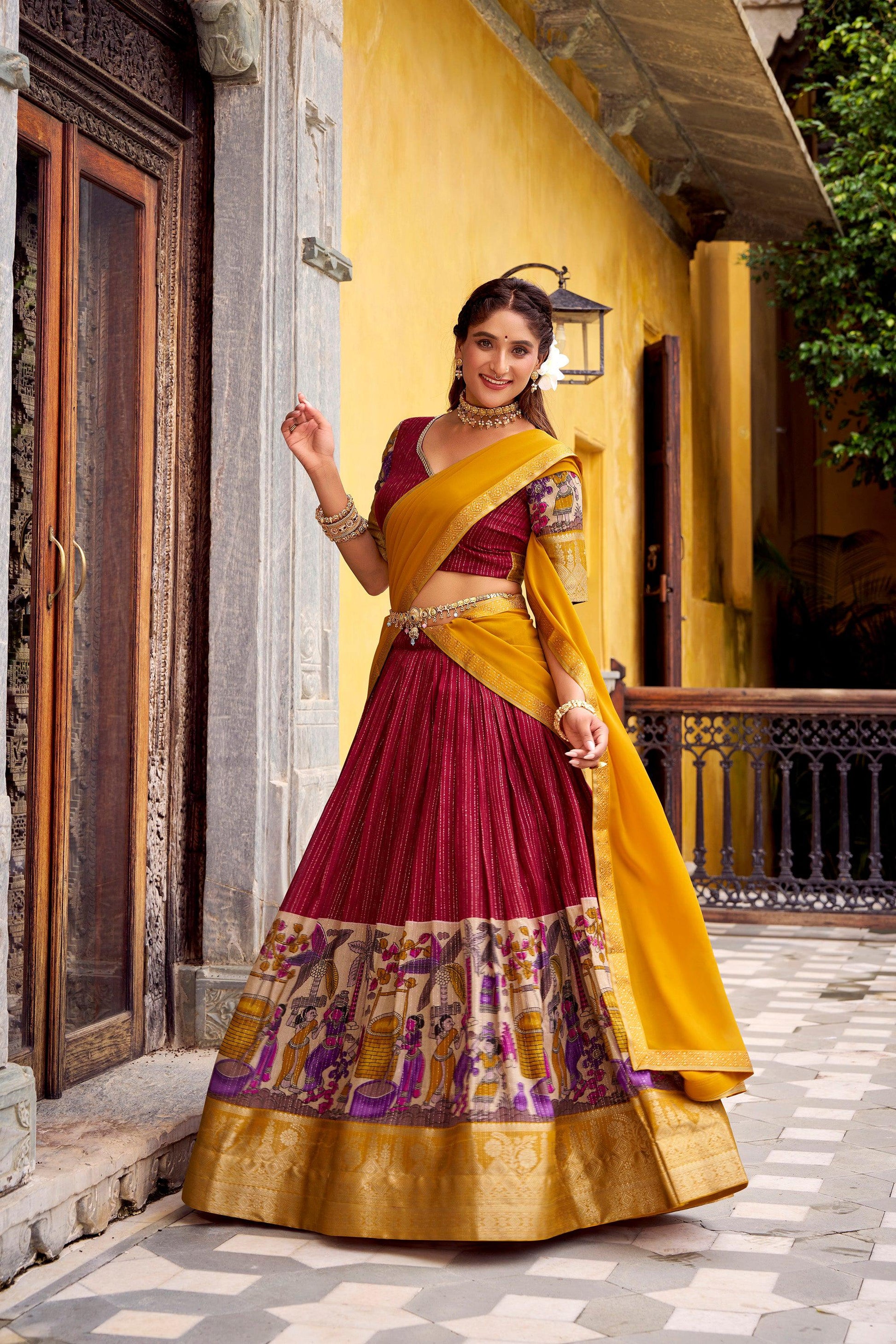 Lorenvalley Fashion Multicolor Poly Chanderi Zari Stripe Kalamkari Printed With Zari Weaving Work Lehenga Choli with Dupatta 