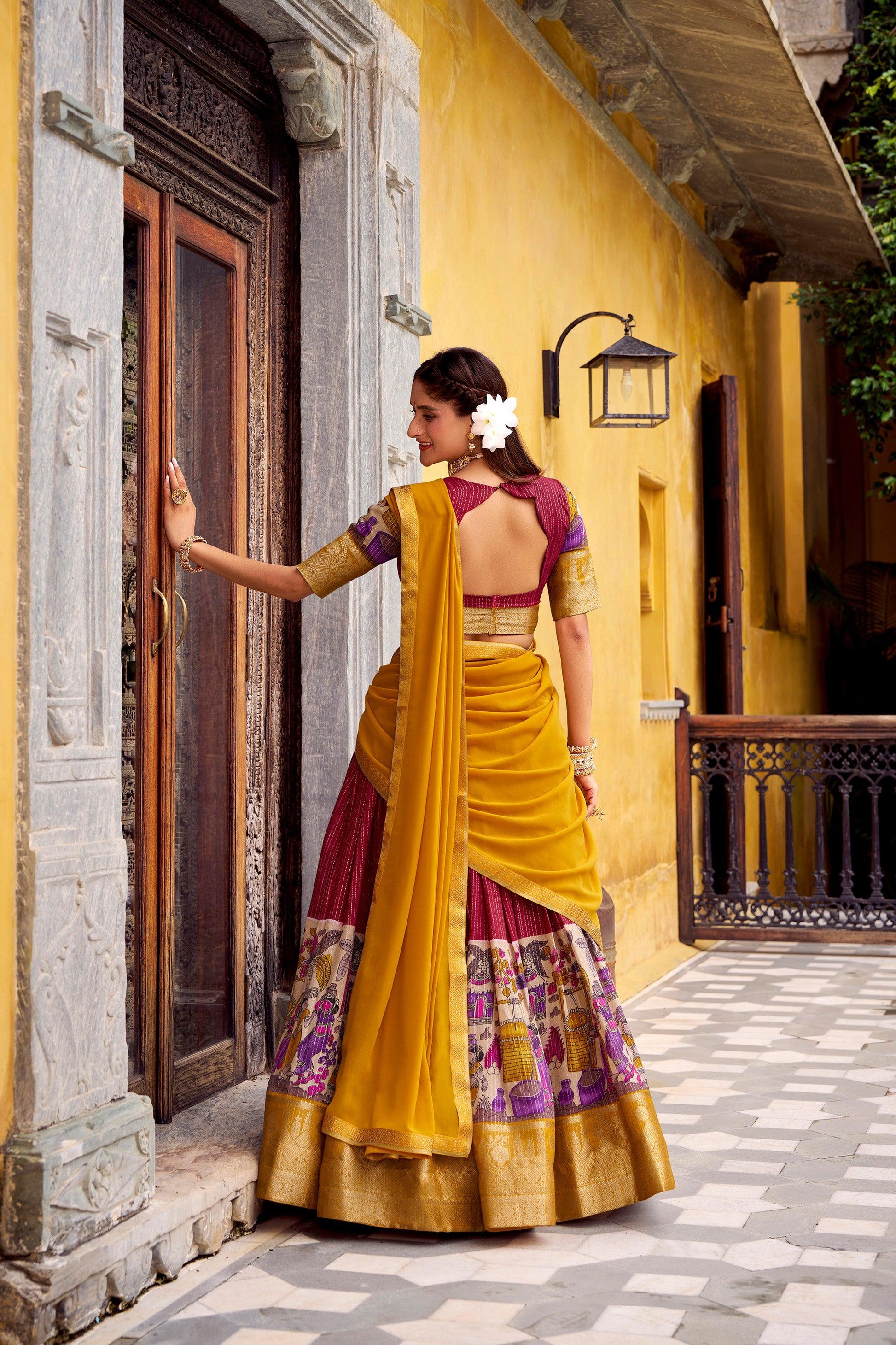 Lorenvalley Fashion Multicolor Poly Chanderi Zari Stripe Kalamkari Printed With Zari Weaving Work Lehenga Choli with Dupatta 