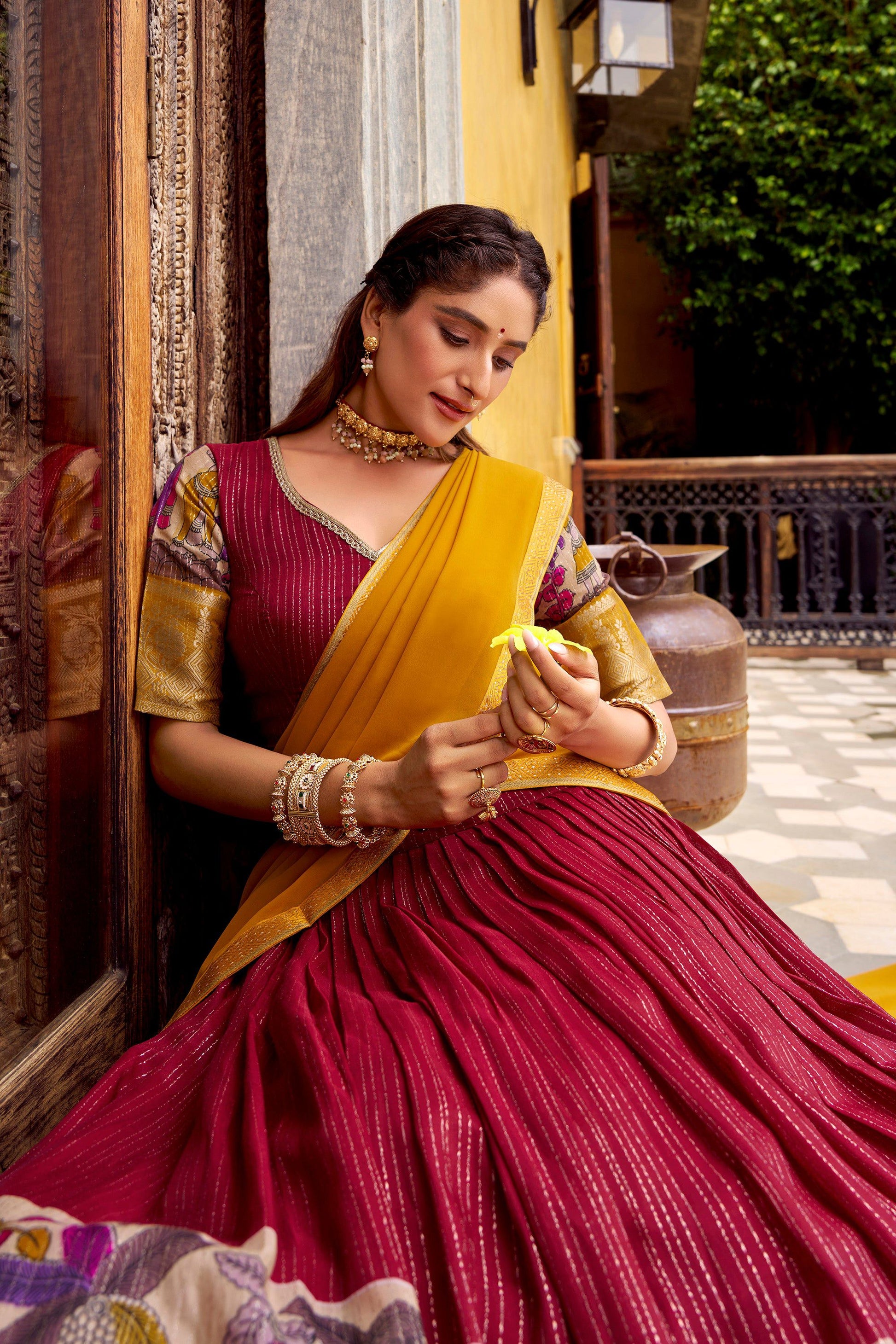 Lorenvalley Fashion Multicolor Poly Chanderi Zari Stripe Kalamkari Printed With Zari Weaving Work Lehenga Choli with Dupatta 