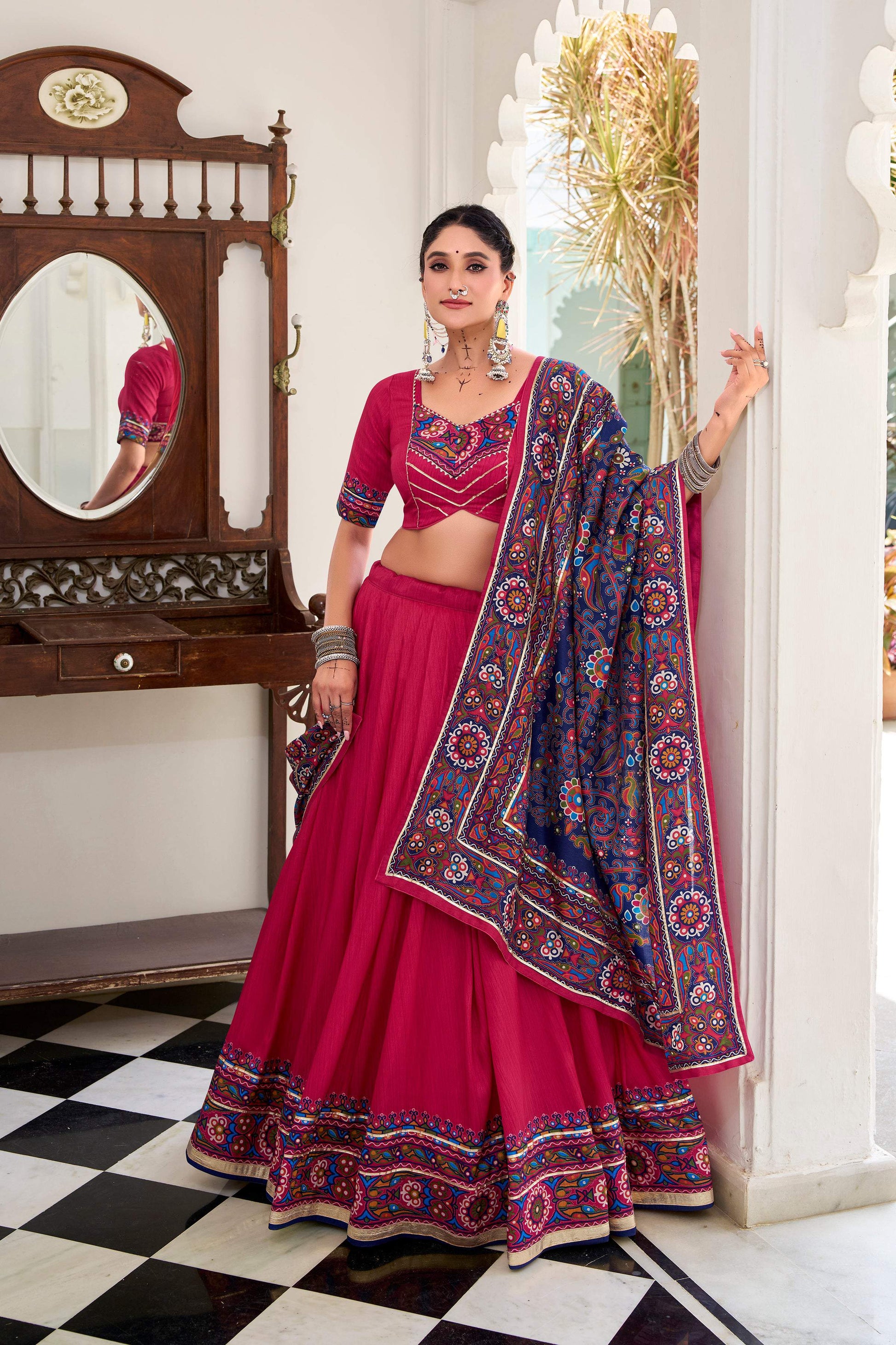 Lorenvalley Fashion Pink Tasar Silk Gamthi Print With Embossed Design And Gotta Patti Lace Touch Up Lehenga Choli with Dupatta 
