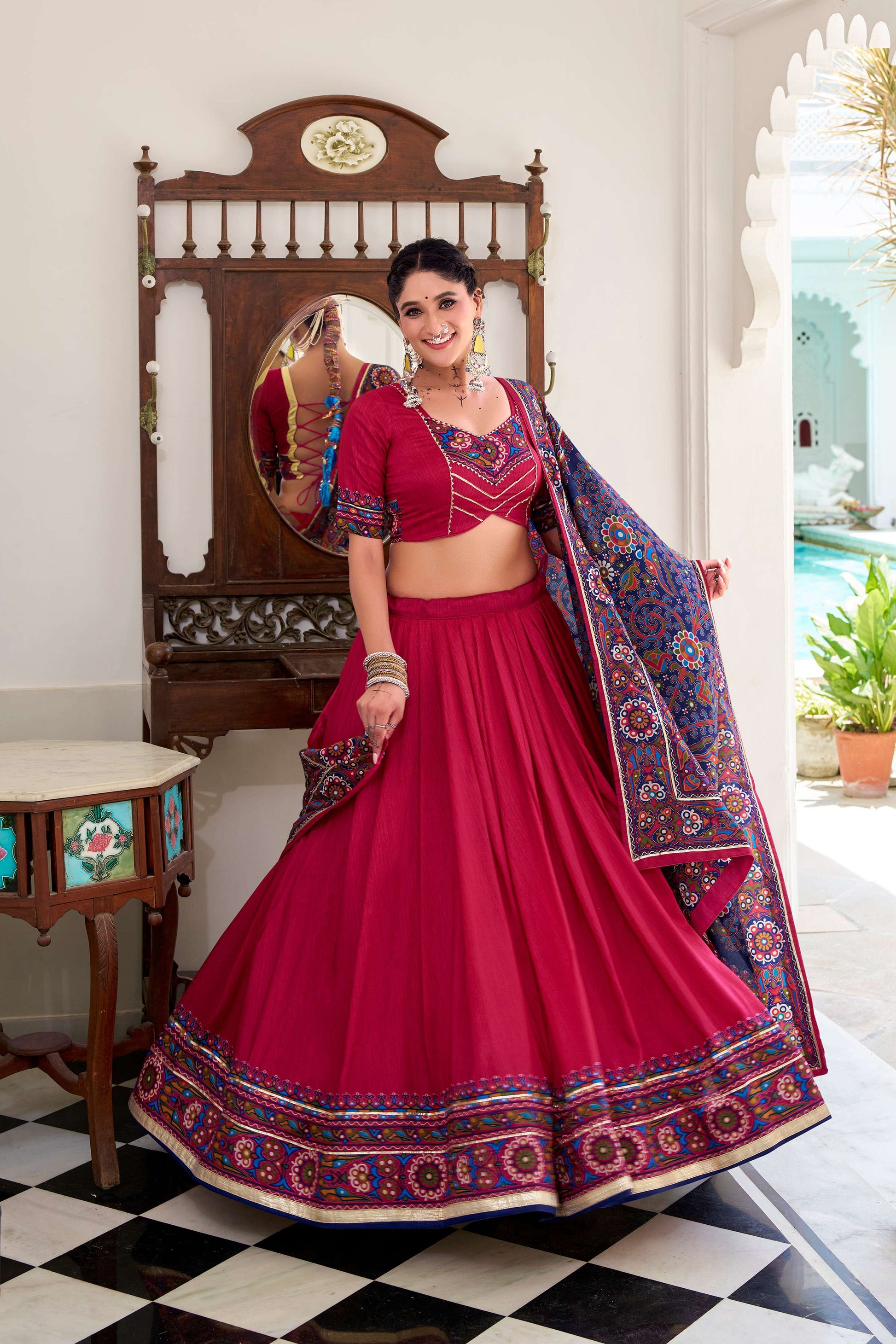 Lorenvalley Fashion Pink Tasar Silk Gamthi Print With Embossed Design And Gotta Patti Lace Touch Up Lehenga Choli with Dupatta 