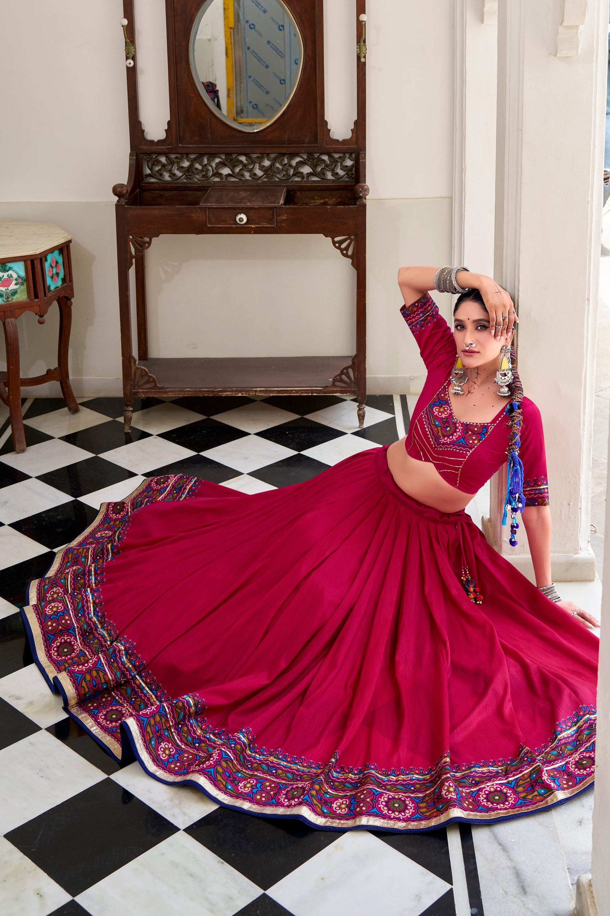 Lorenvalley Fashion Pink Tasar Silk Gamthi Print With Embossed Design And Gotta Patti Lace Touch Up Lehenga Choli with Dupatta 