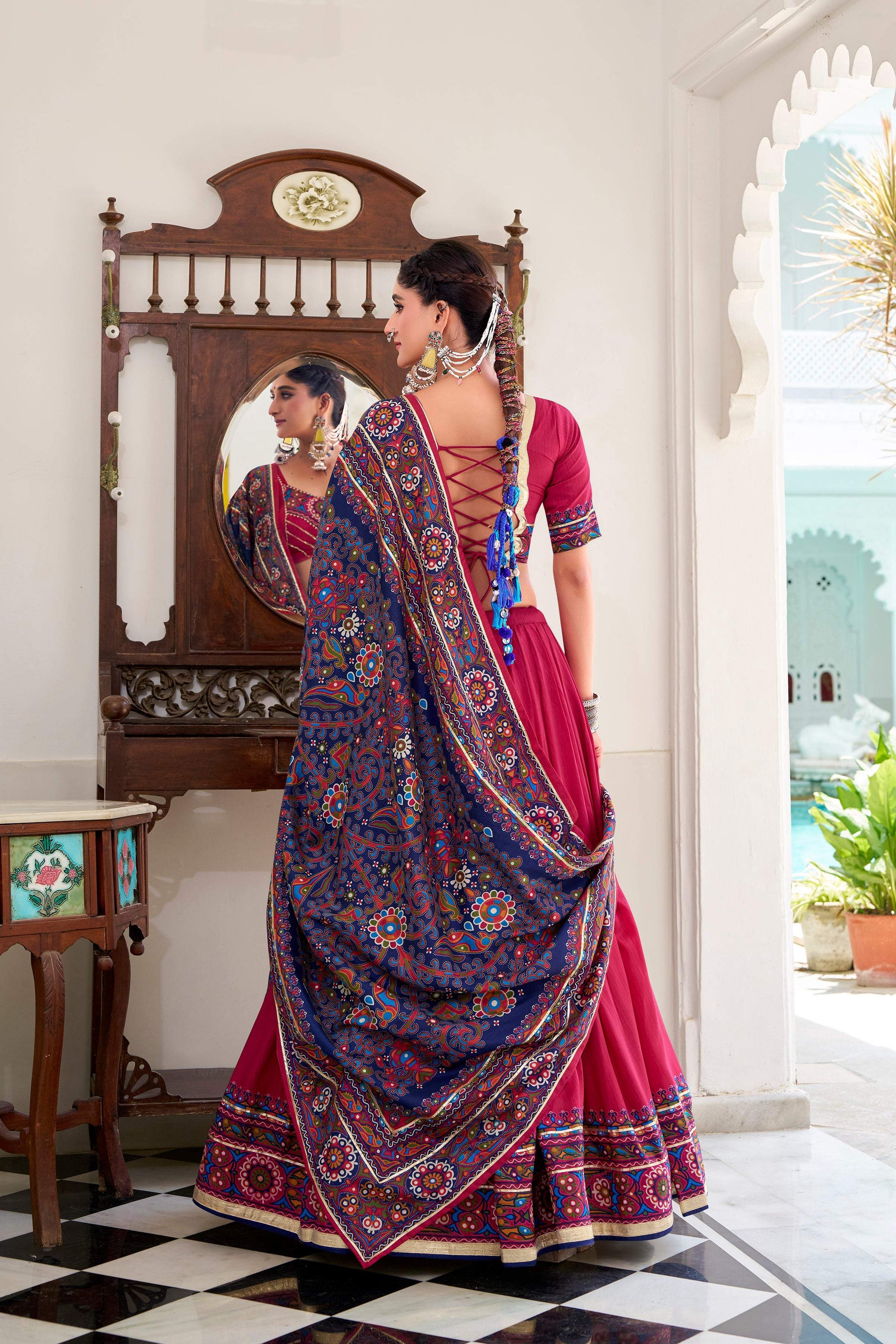 Lorenvalley Fashion Pink Tasar Silk Gamthi Print With Embossed Design And Gotta Patti Lace Touch Up Lehenga Choli with Dupatta 