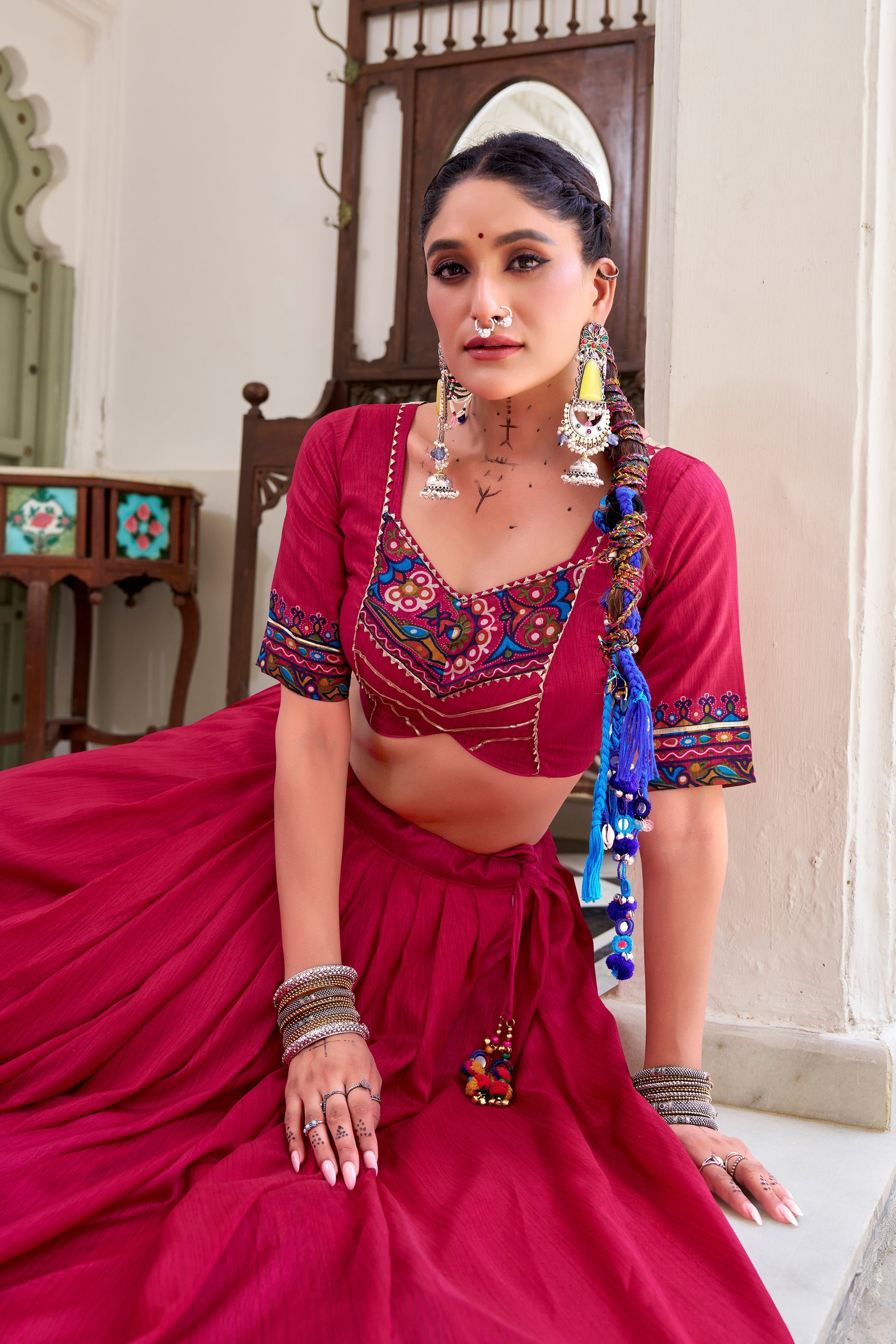 Lorenvalley Fashion Pink Tasar Silk Gamthi Print With Embossed Design And Gotta Patti Lace Touch Up Lehenga Choli with Dupatta 