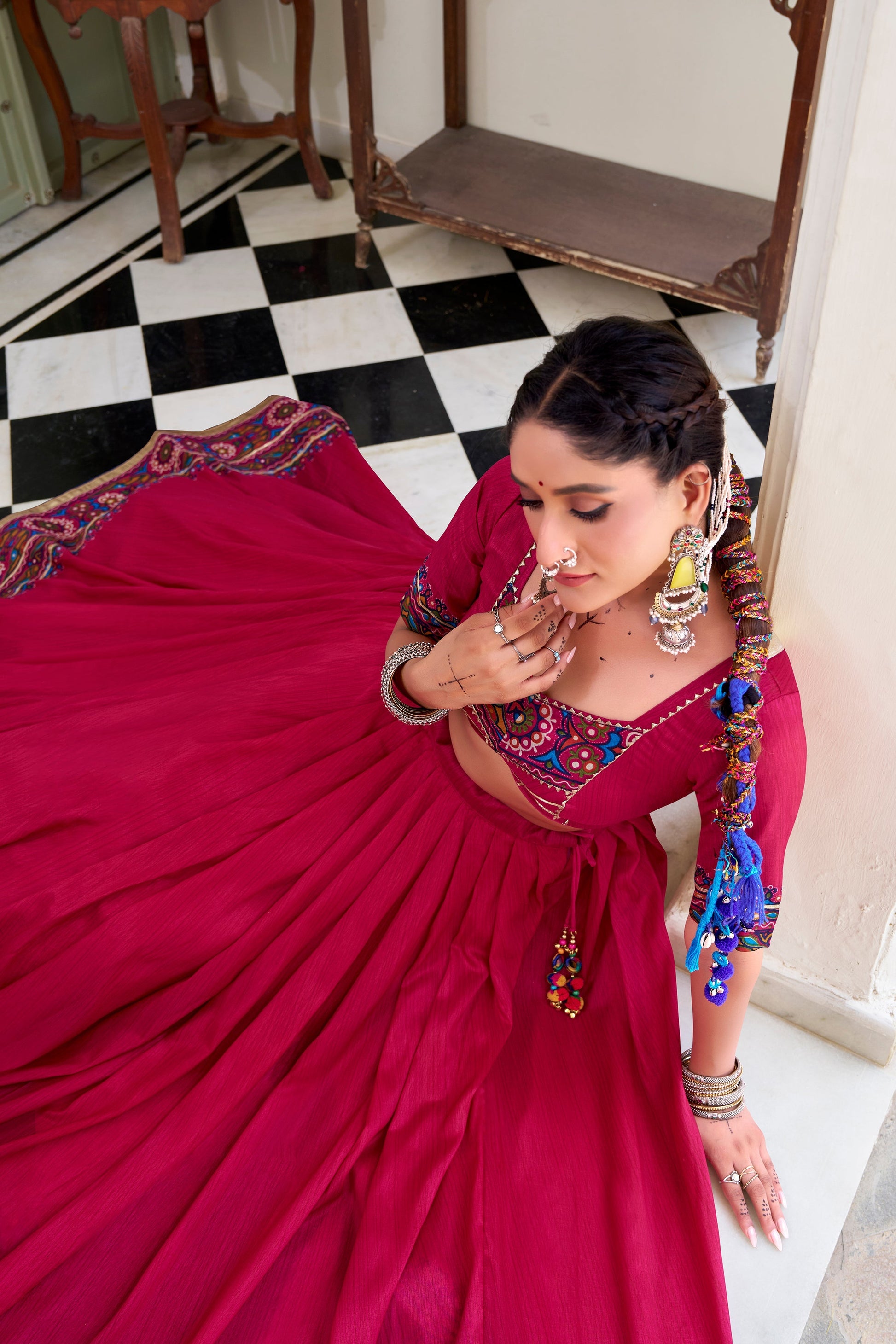 Lorenvalley Fashion Pink Tasar Silk Gamthi Print With Embossed Design And Gotta Patti Lace Touch Up Lehenga Choli with Dupatta 