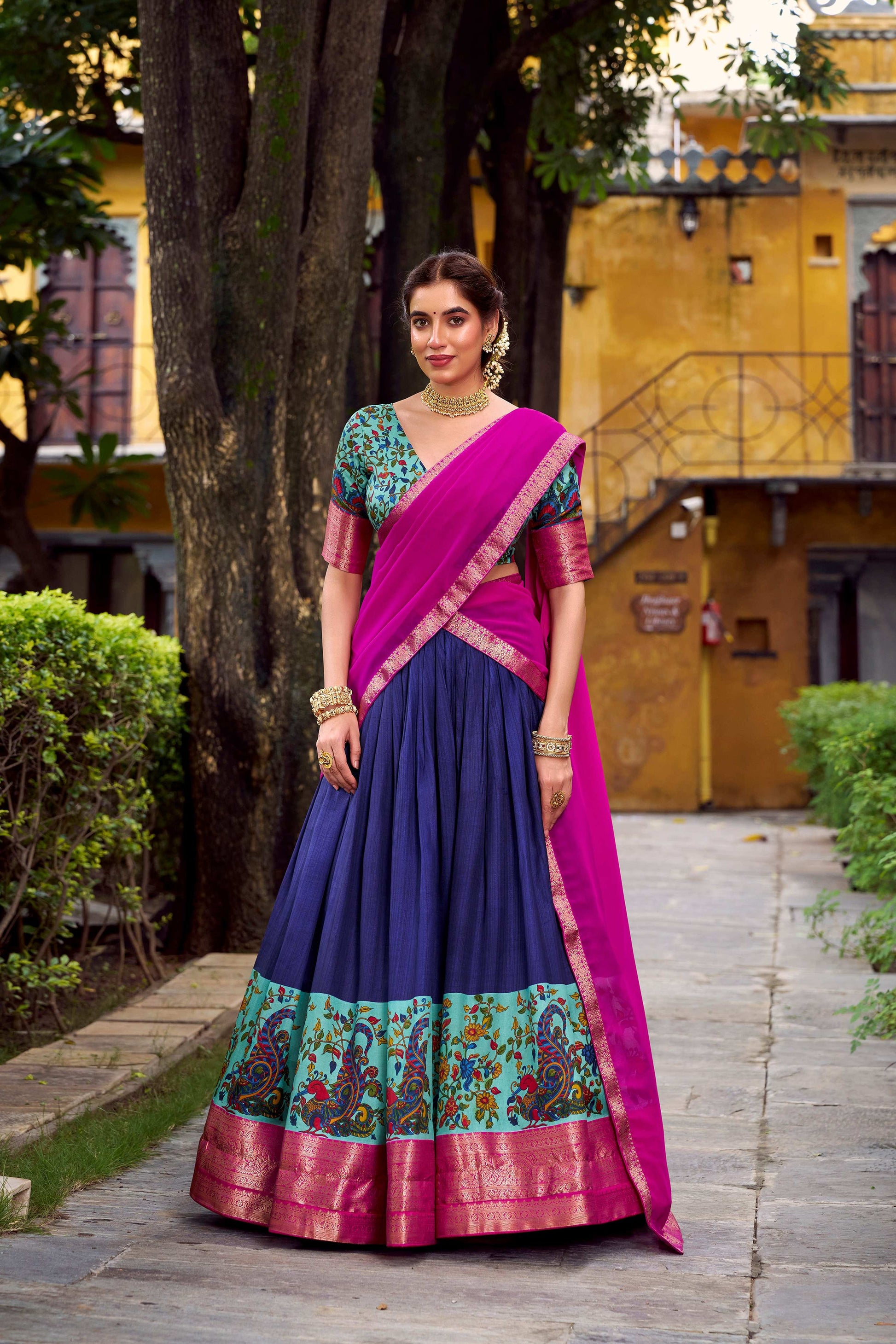Lorenvalley Fashion Navy Blue Aastha Silk Printed with Zari Weaving Work Lehenga Choli with Dupatta 