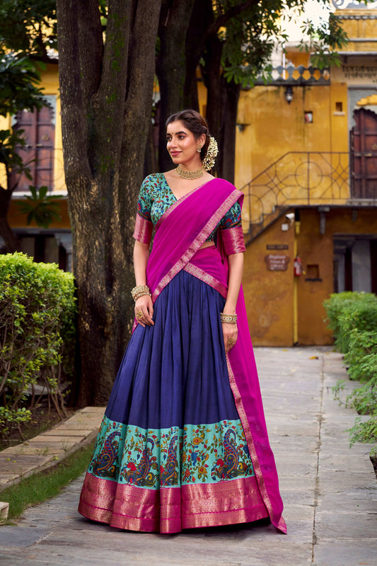 Lorenvalley Fashion Navy Blue Aastha Silk Printed with Zari Weaving Work Lehenga Choli with Dupatta 