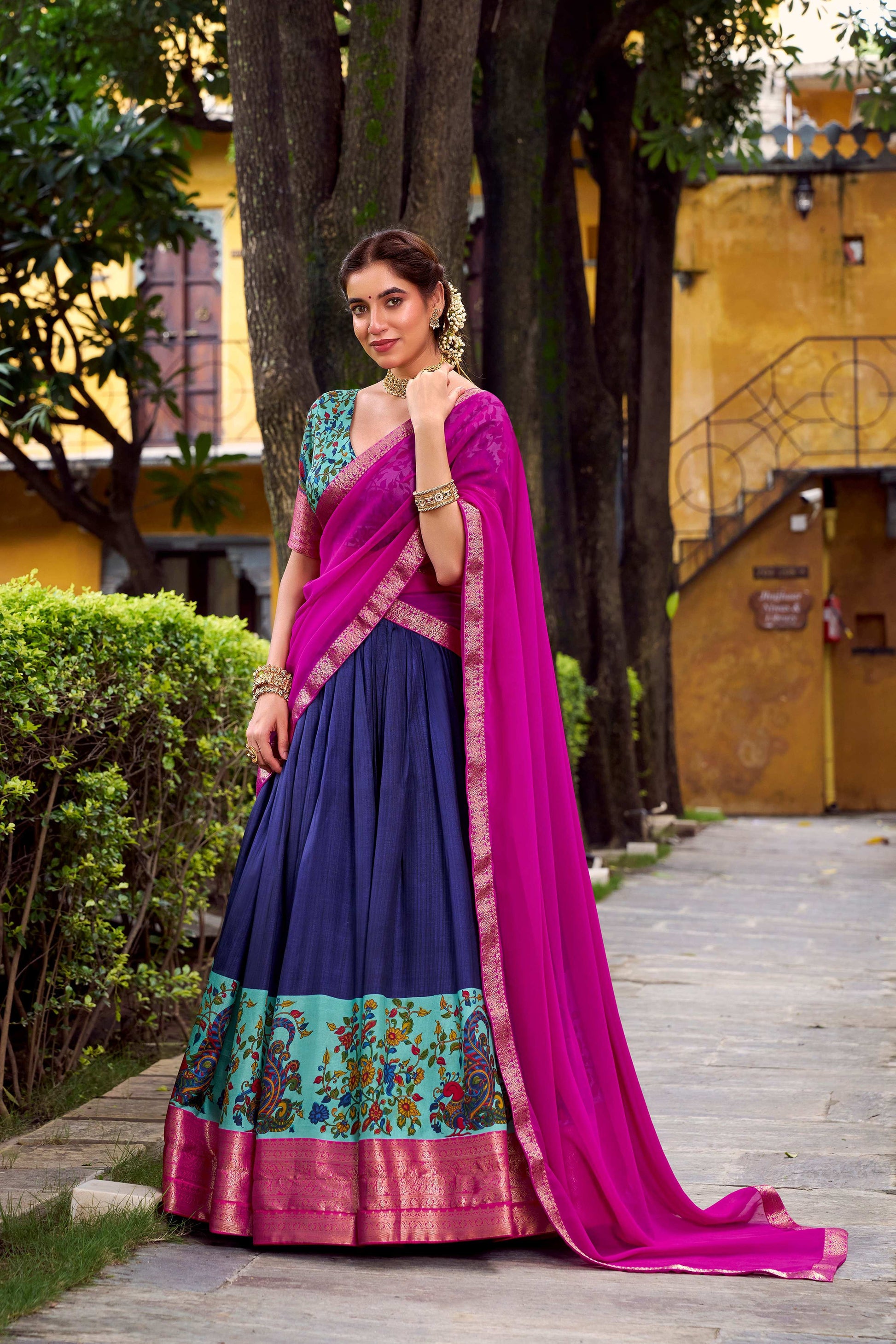 Lorenvalley Fashion Navy Blue Aastha Silk Printed with Zari Weaving Work Lehenga Choli with Dupatta 