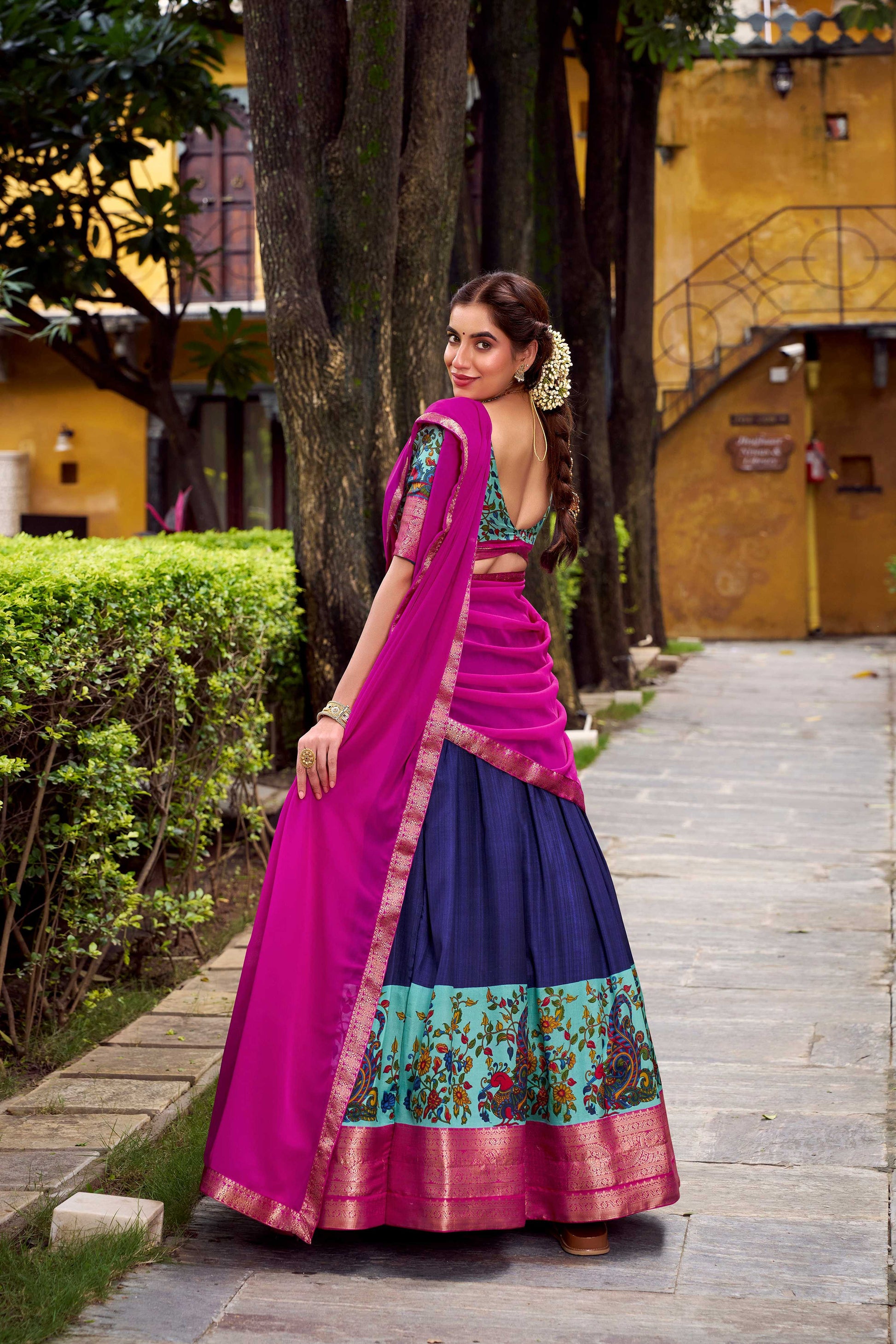 Lorenvalley Fashion Navy Blue Aastha Silk Printed with Zari Weaving Work Lehenga Choli with Dupatta 