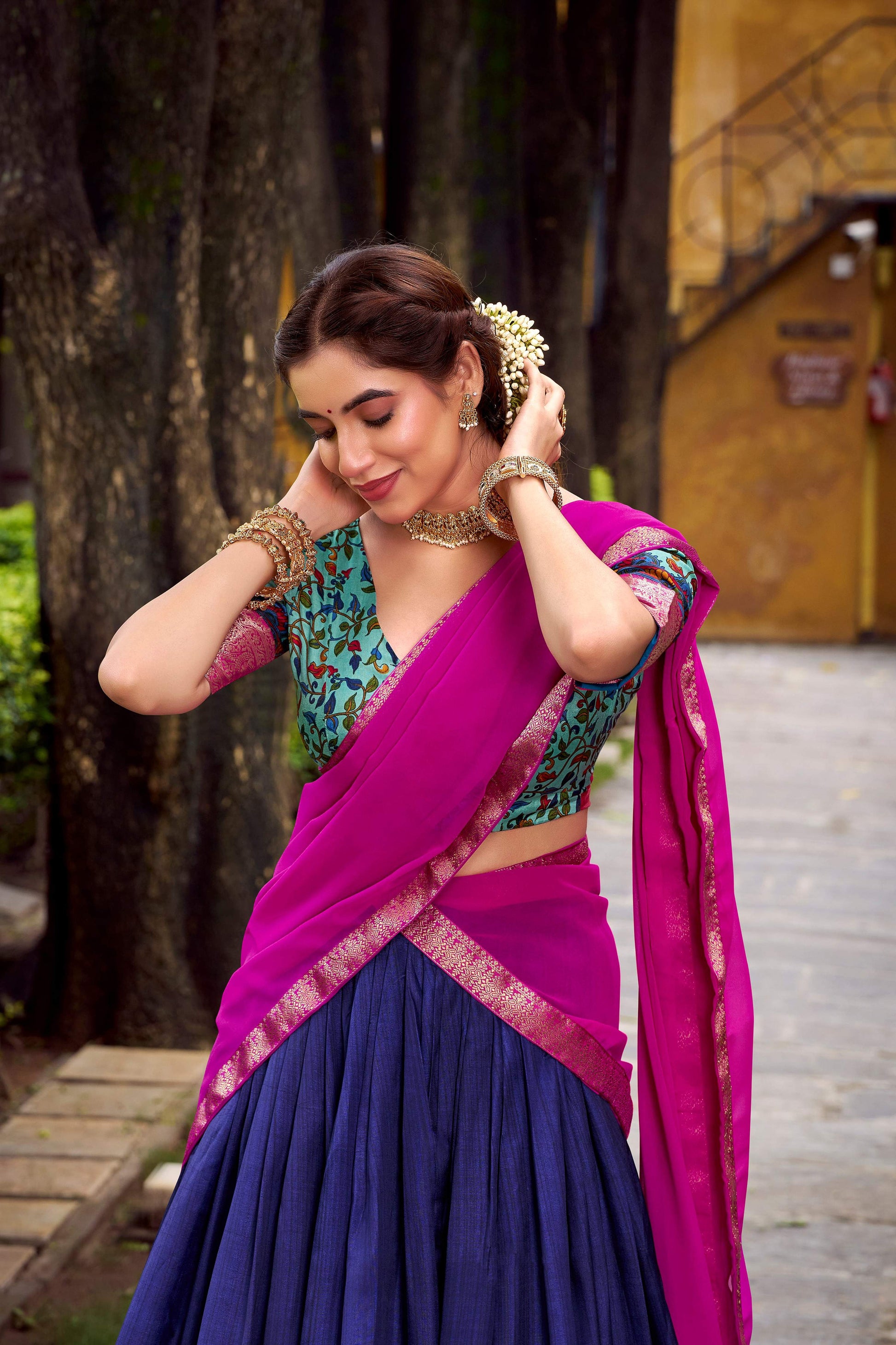 Lorenvalley Fashion Navy Blue Aastha Silk Printed with Zari Weaving Work Lehenga Choli with Dupatta 