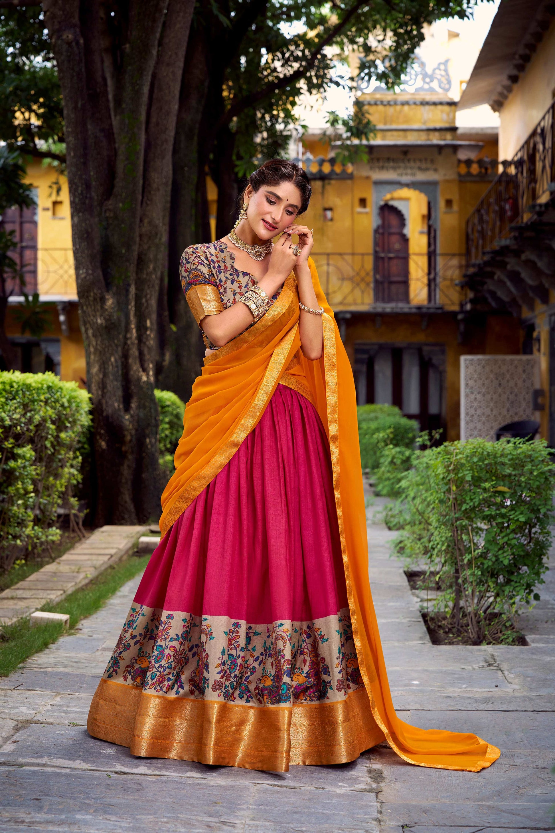 Lorenvalley Fashion Pink Aastha Silk Printed with Zari Weaving Work Lehenga Choli with Dupatta 