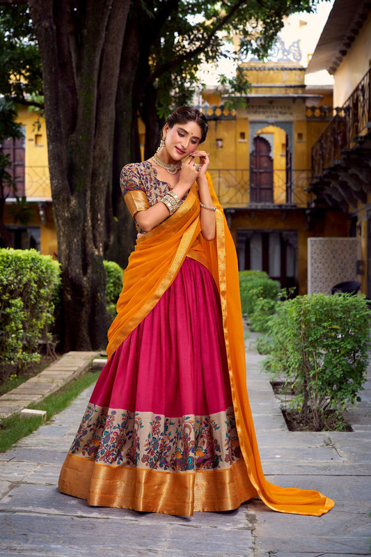 Lorenvalley Fashion Pink Aastha Silk Printed with Zari Weaving Work Lehenga Choli with Dupatta 