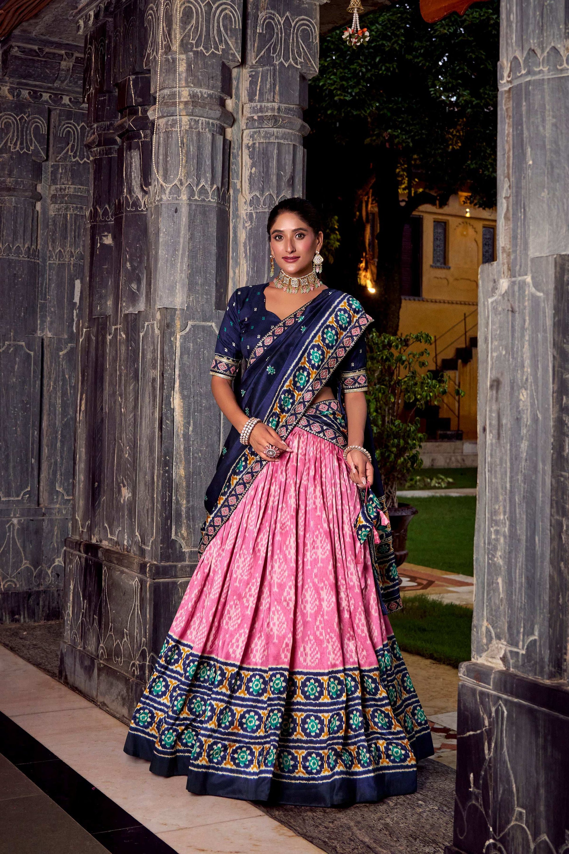 Lorenvalley Fashion Pink Tasar Silk Ikkat Print Lehenga Choli with Dupatta 