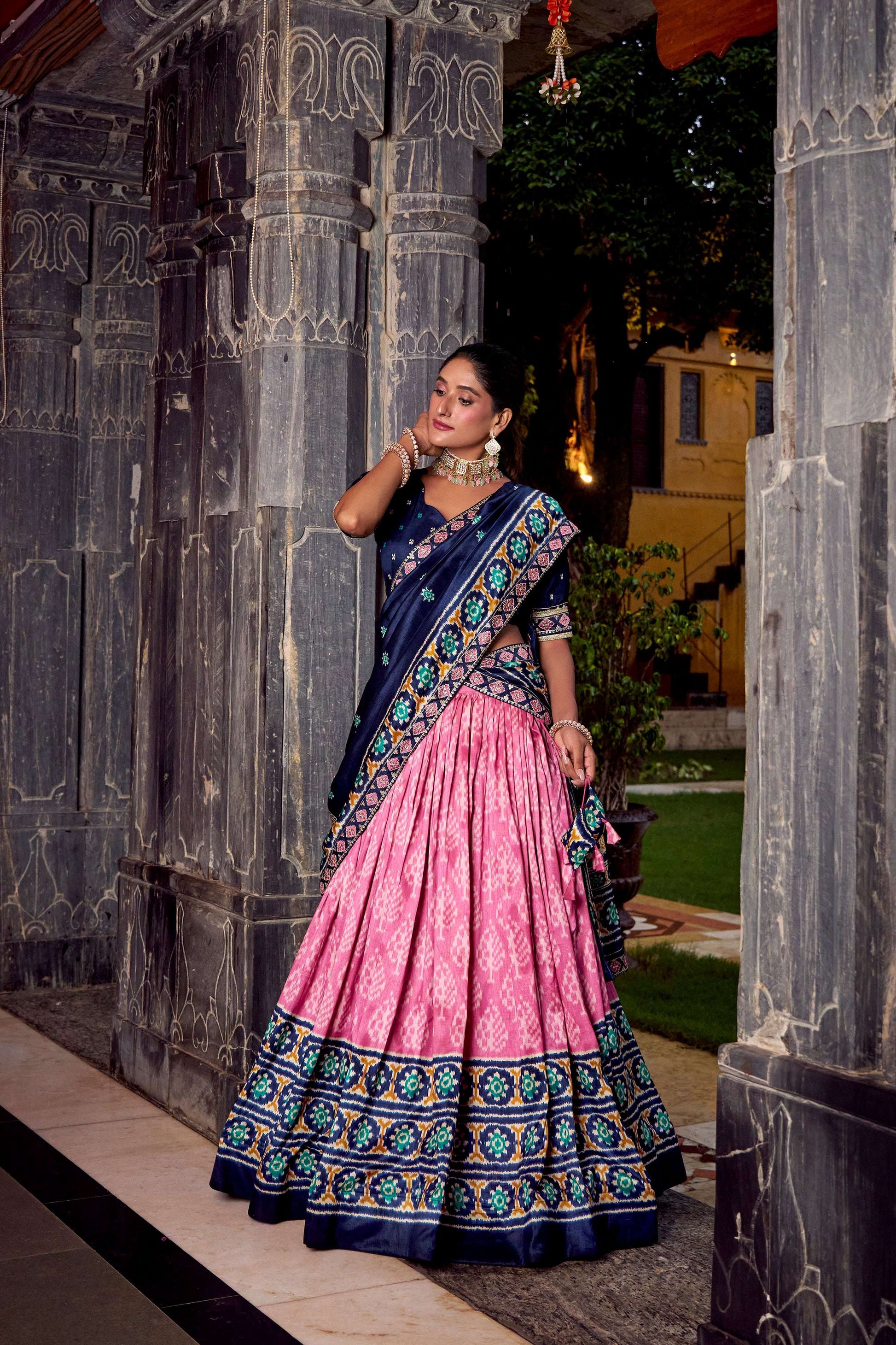 Lorenvalley Fashion Pink Tasar Silk Ikkat Print Lehenga Choli with Dupatta 