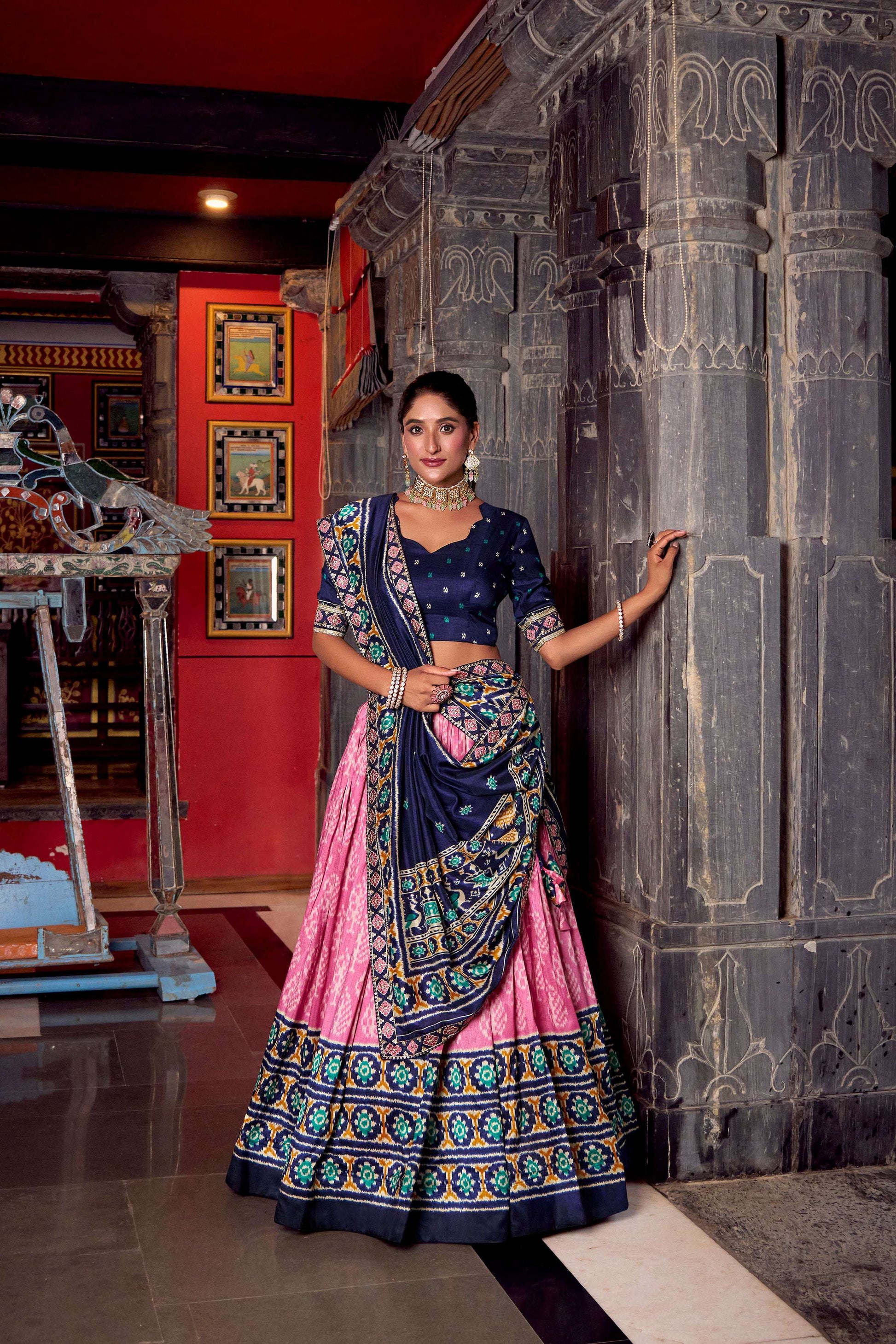 Lorenvalley Fashion Pink Tasar Silk Ikkat Print Lehenga Choli with Dupatta 