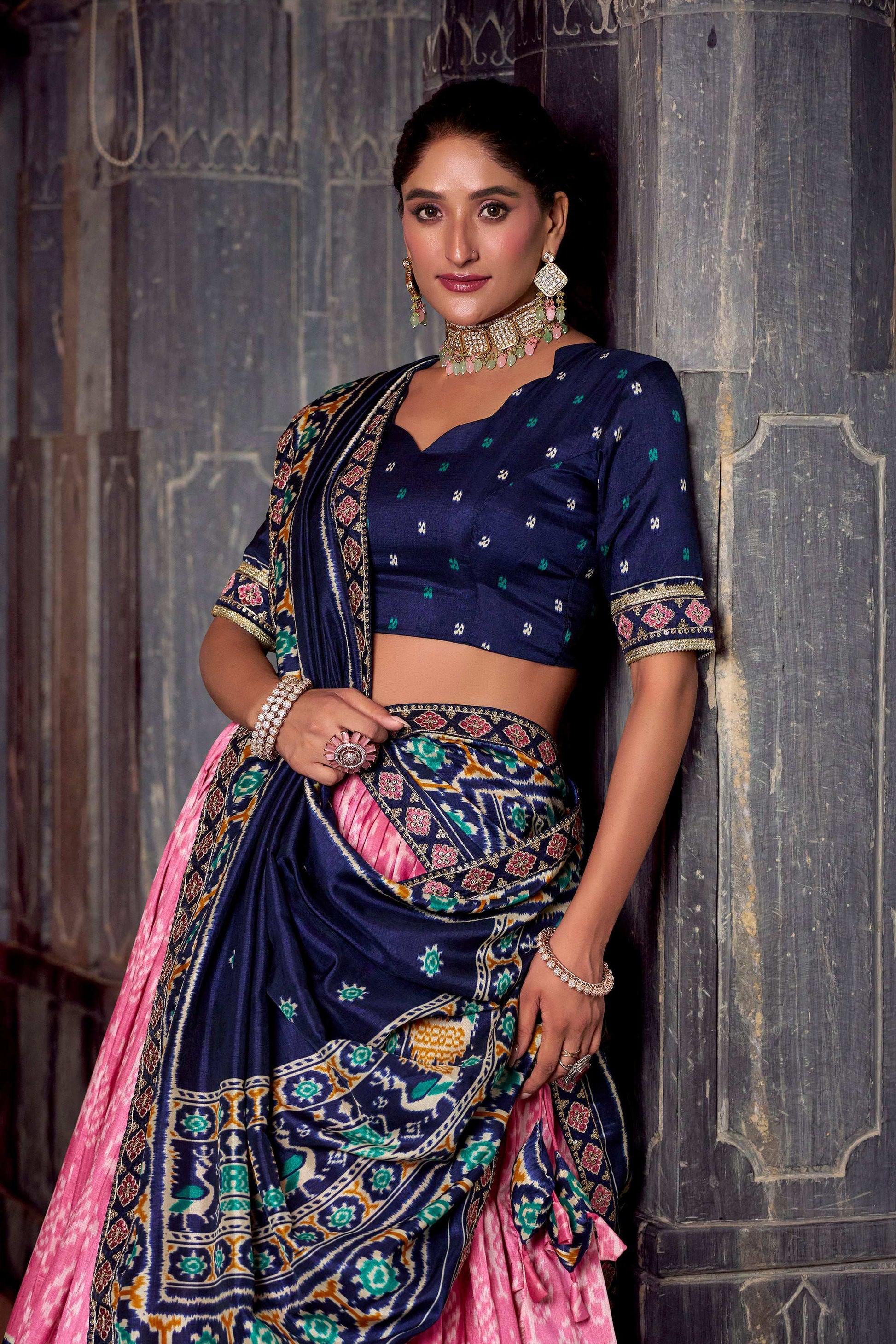 Lorenvalley Fashion Pink Tasar Silk Ikkat Print Lehenga Choli with Dupatta 
