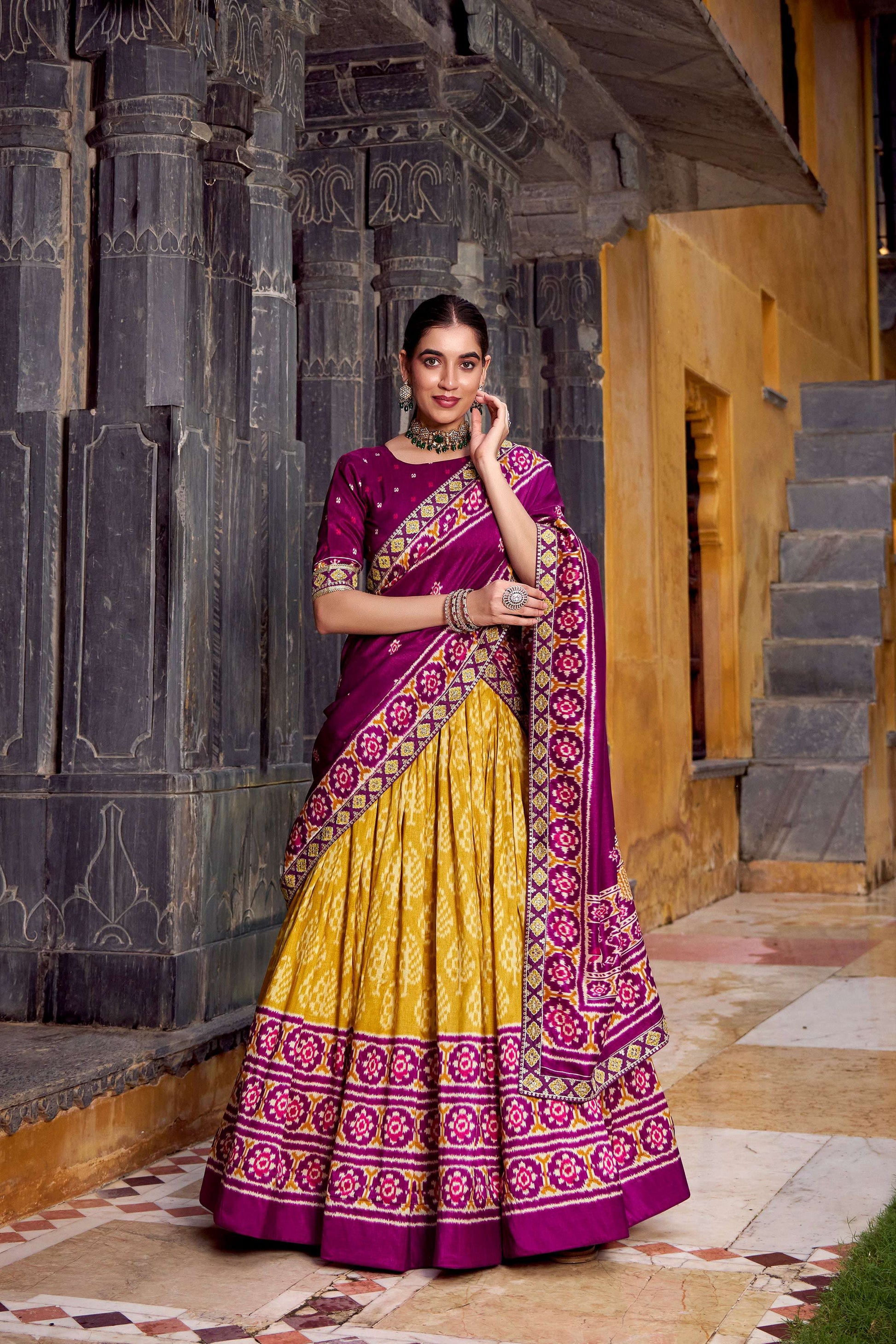 Lorenvalley Fashion Mustard Tasar Silk Ikkat Print Lehenga Choli with Dupatta 