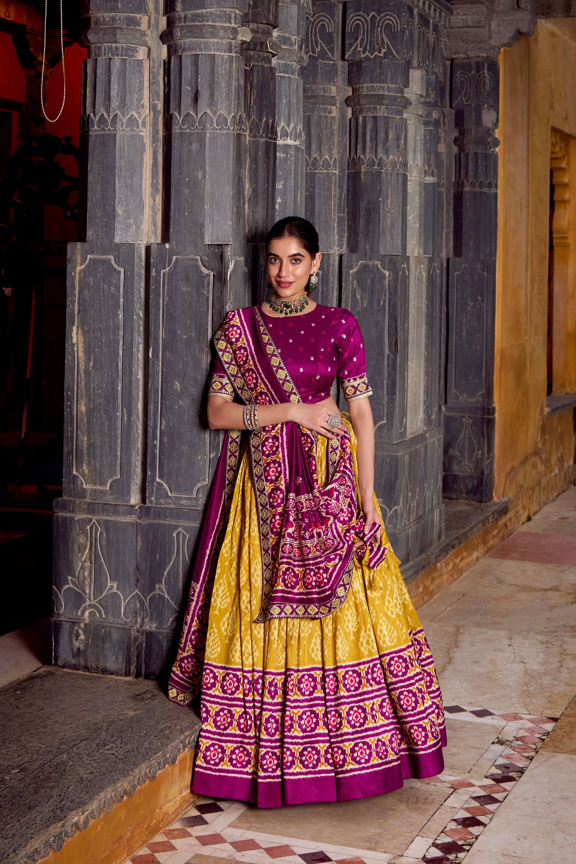 Lorenvalley Fashion Mustard Tasar Silk Ikkat Print Lehenga Choli with Dupatta 