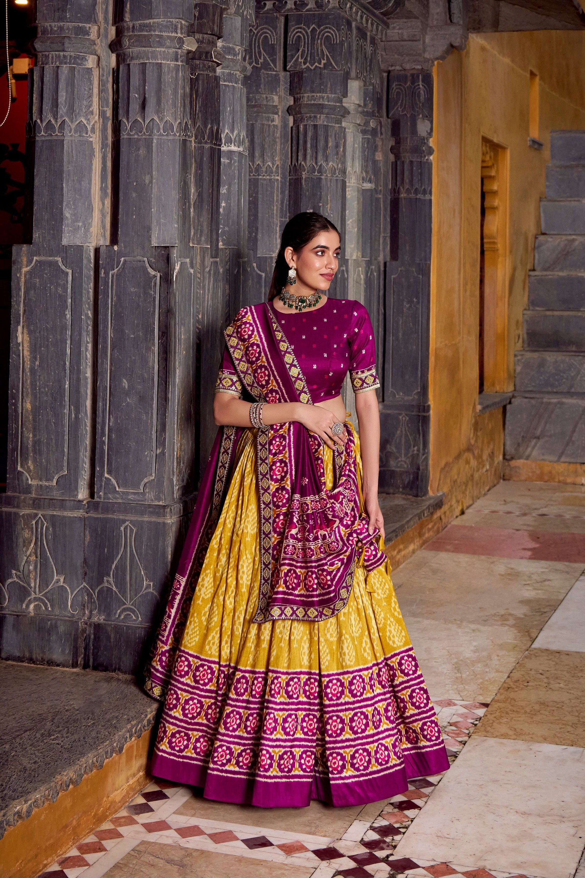 Lorenvalley Fashion Mustard Tasar Silk Ikkat Print Lehenga Choli with Dupatta 