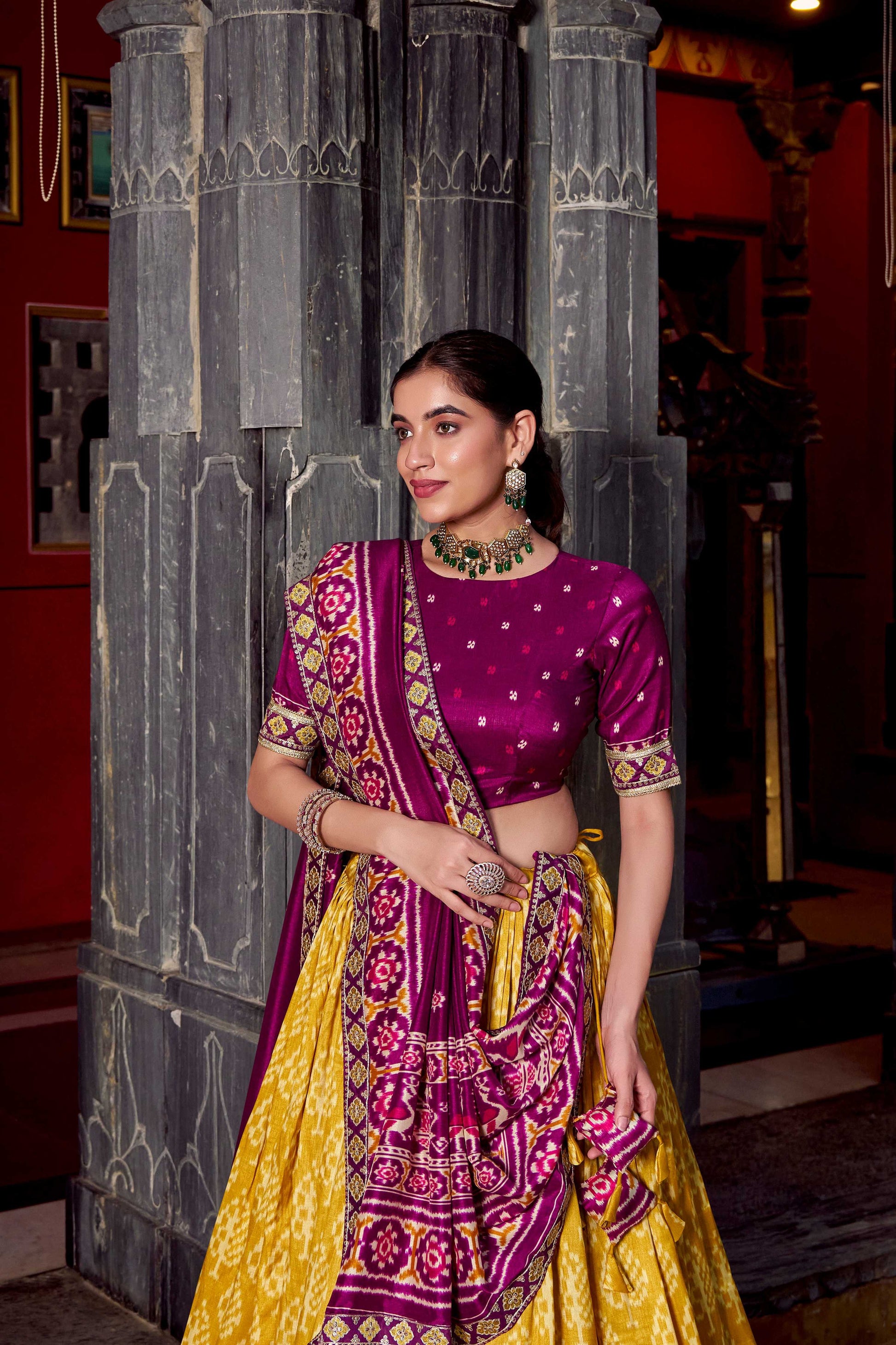 Lorenvalley Fashion Mustard Tasar Silk Ikkat Print Lehenga Choli with Dupatta 