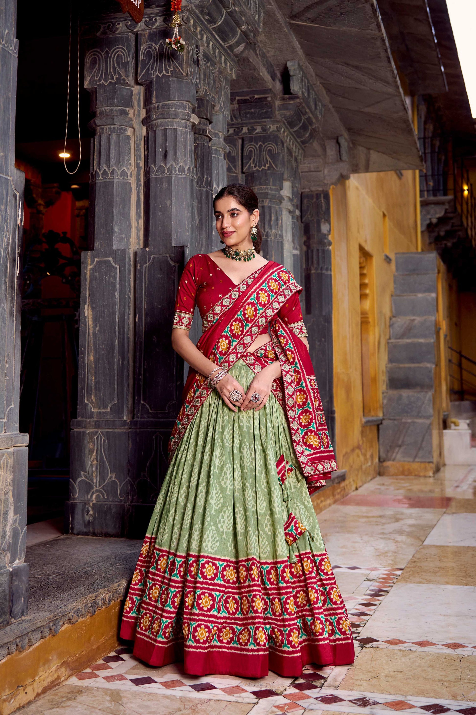 Lorenvalley Fashion Seagreen Tasar Silk Ikkat Print Lehenga Choli with Dupatta 