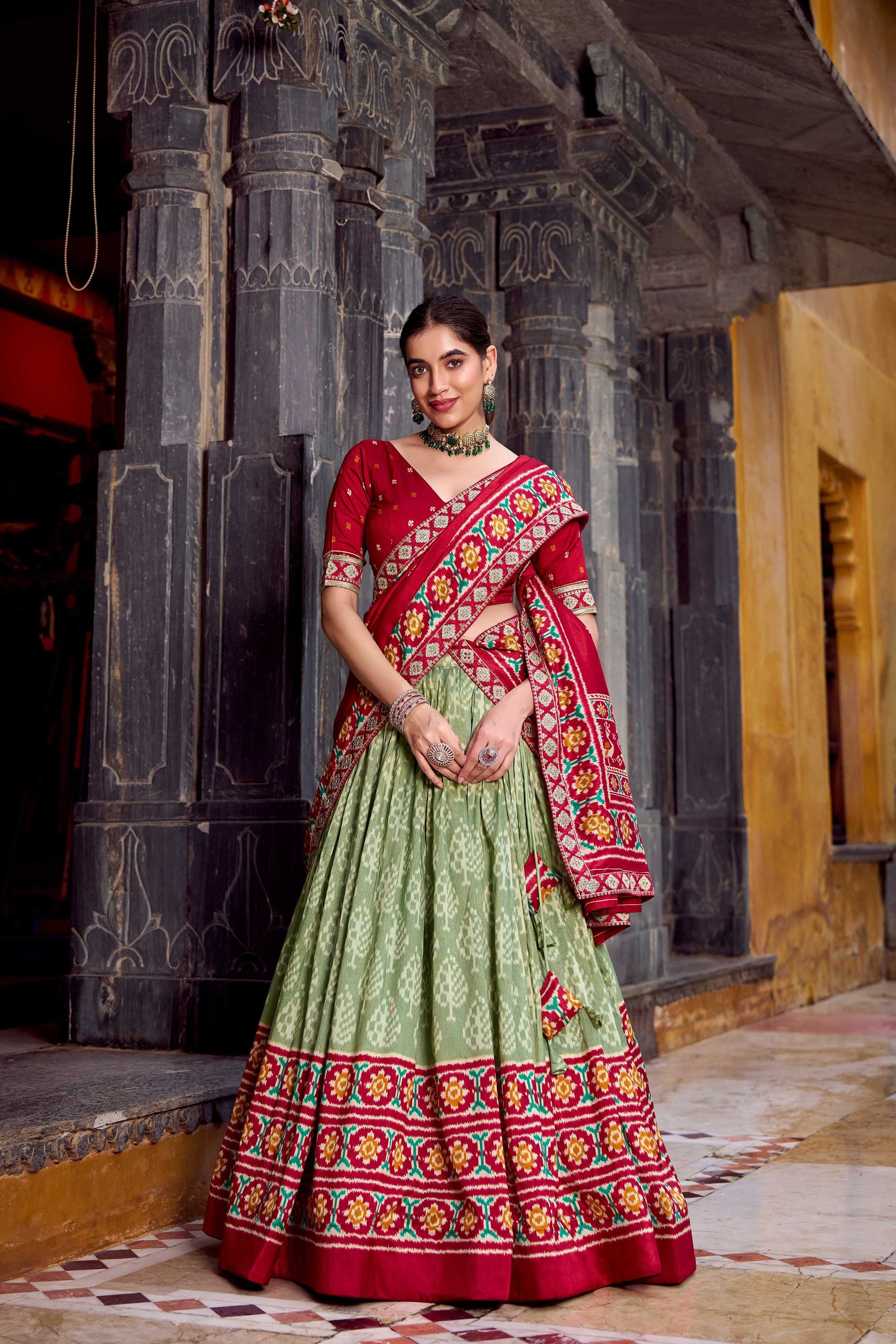 Lorenvalley Fashion Seagreen Tasar Silk Ikkat Print Lehenga Choli with Dupatta 