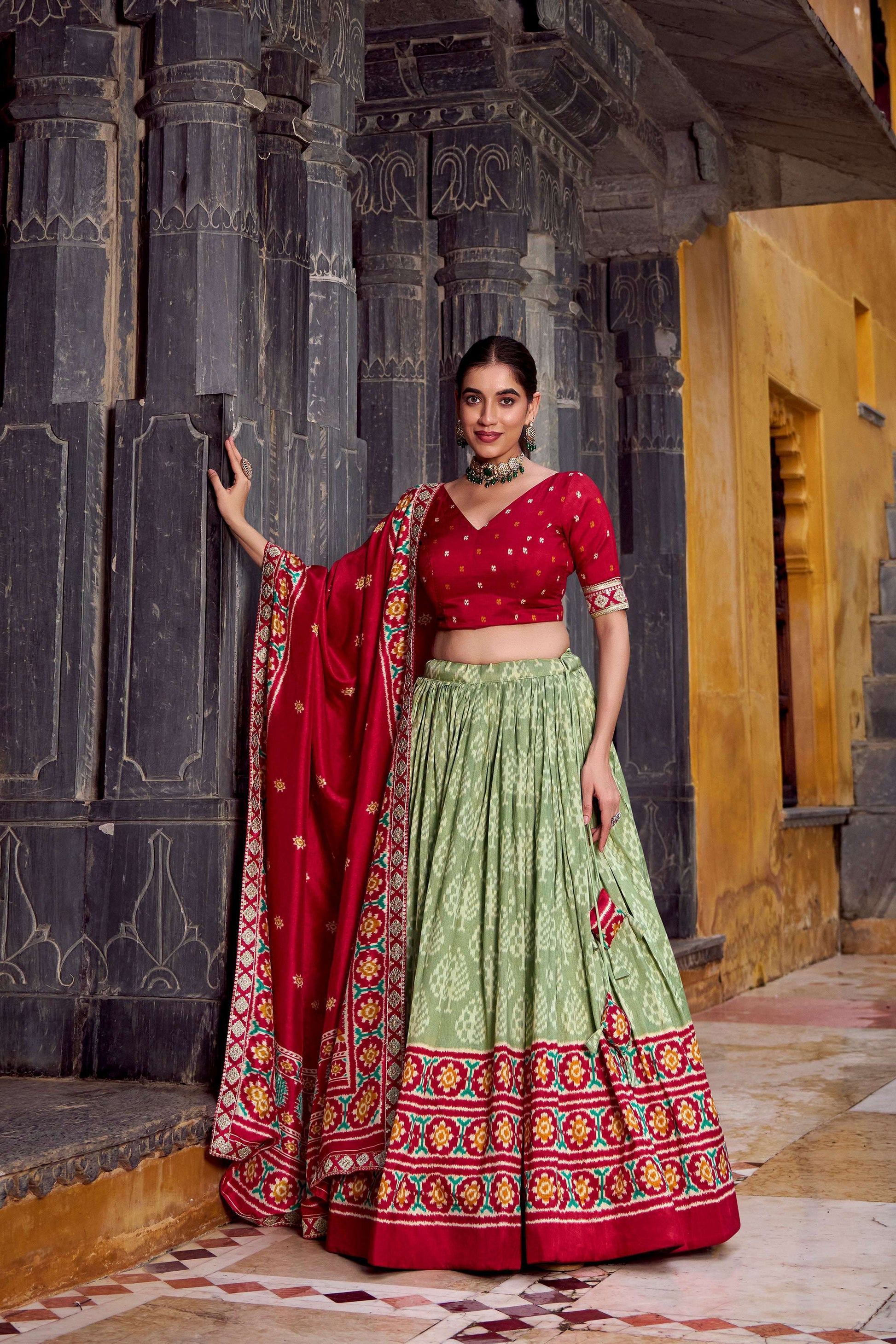Lorenvalley Fashion Seagreen Tasar Silk Ikkat Print Lehenga Choli with Dupatta 