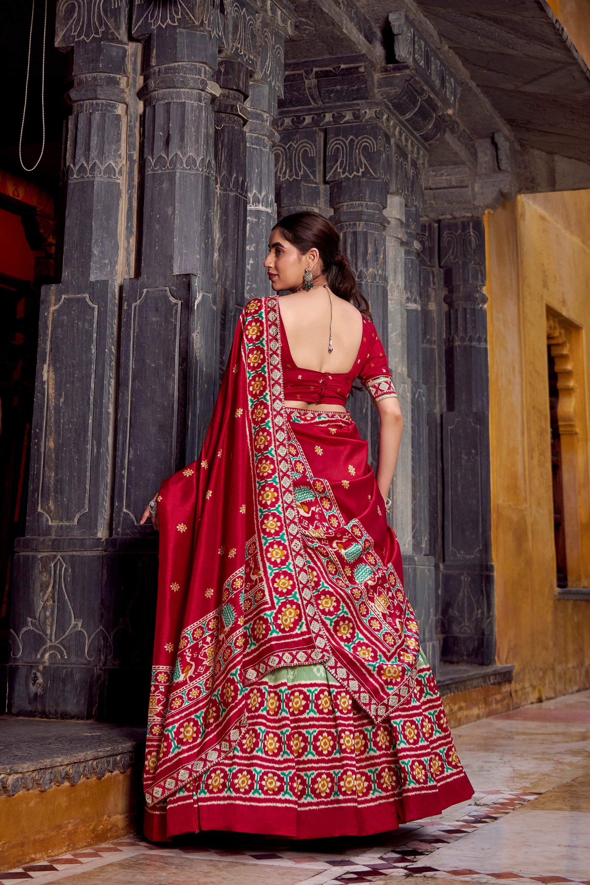 Lorenvalley Fashion Seagreen Tasar Silk Ikkat Print Lehenga Choli with Dupatta 