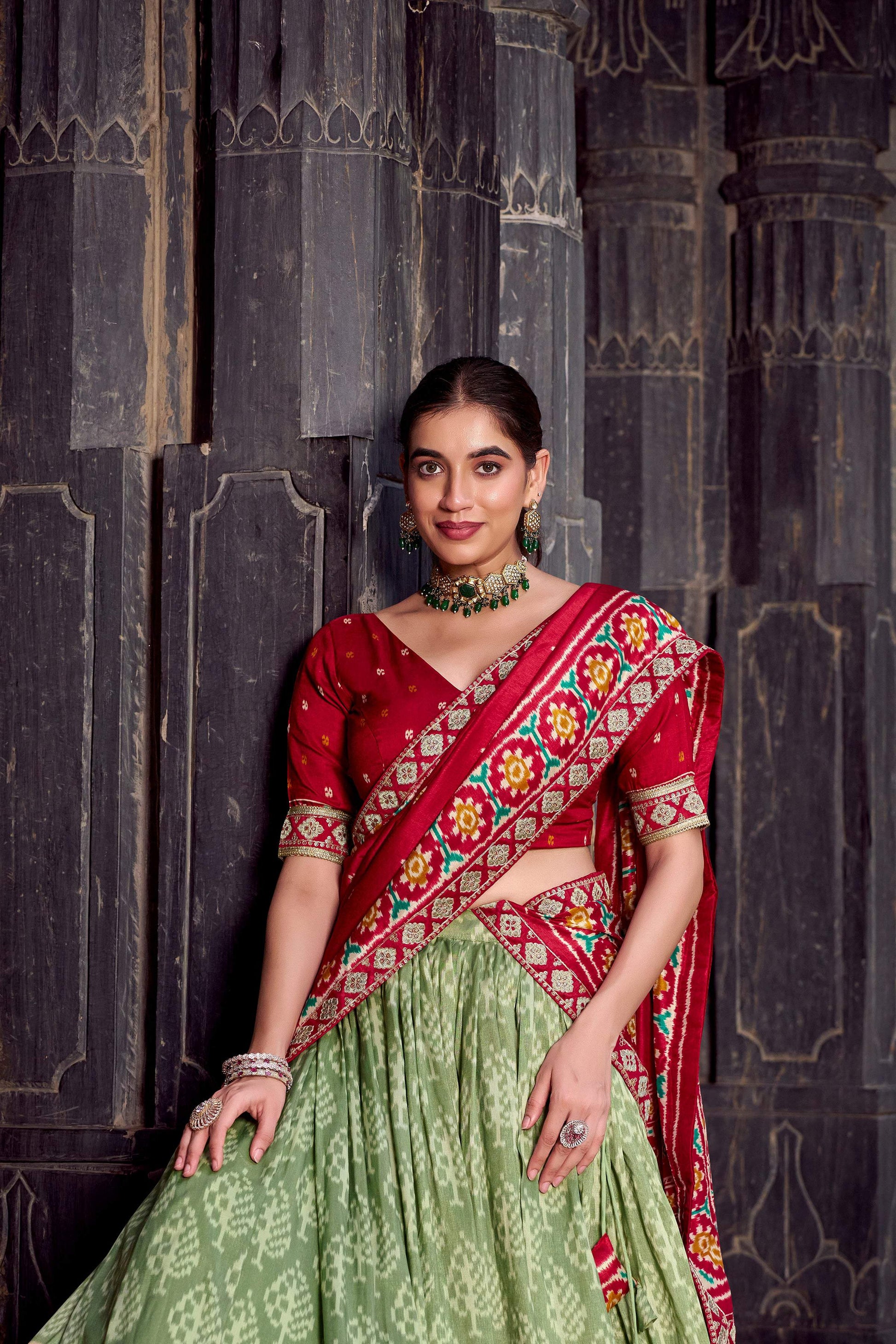 Lorenvalley Fashion Seagreen Tasar Silk Ikkat Print Lehenga Choli with Dupatta 