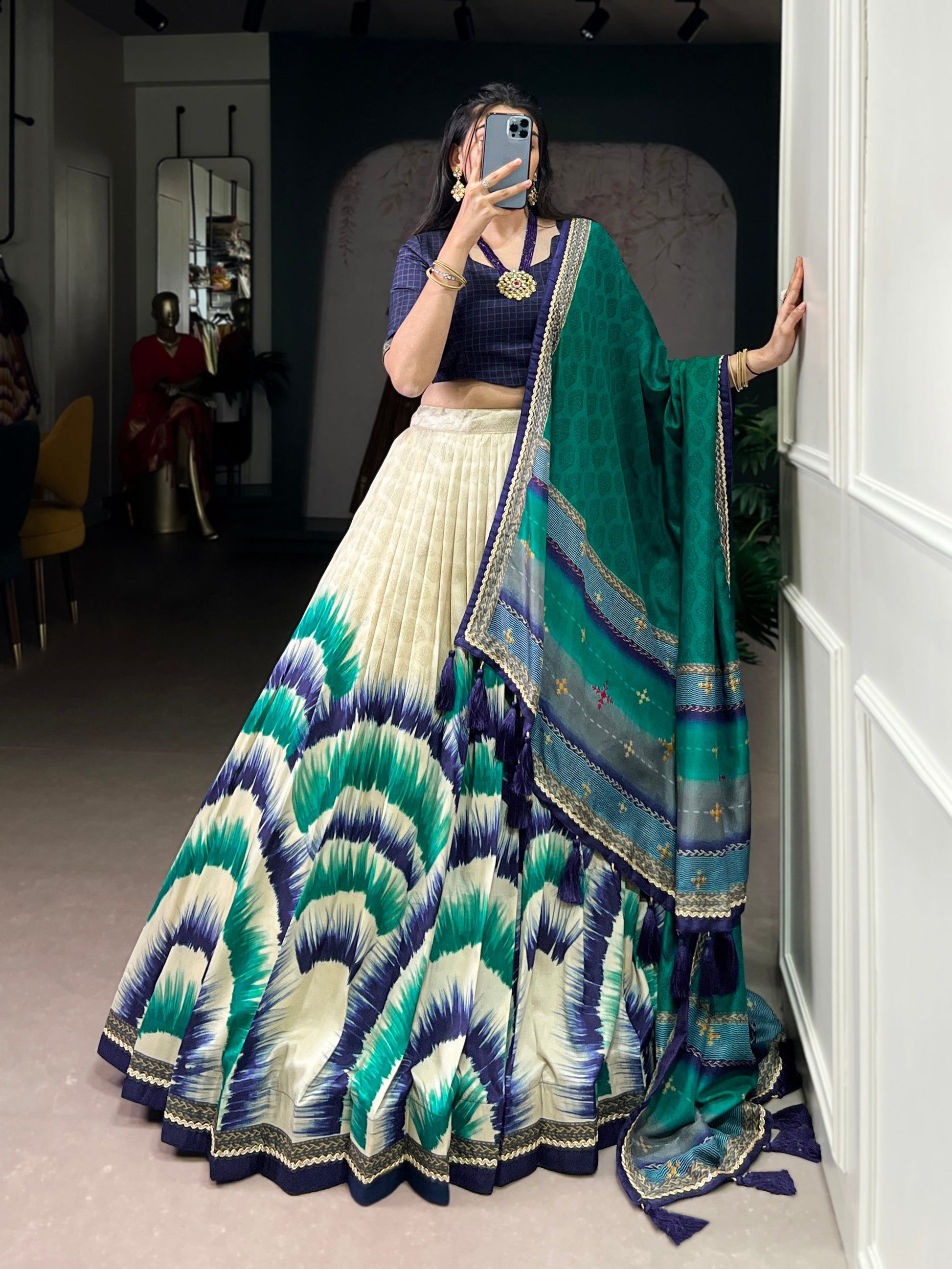 Lorenvalley Fashion Multicolor Tasar Silk Tie and Dye Print with Lace Touch Up Lehenga Choli with Dupatta 