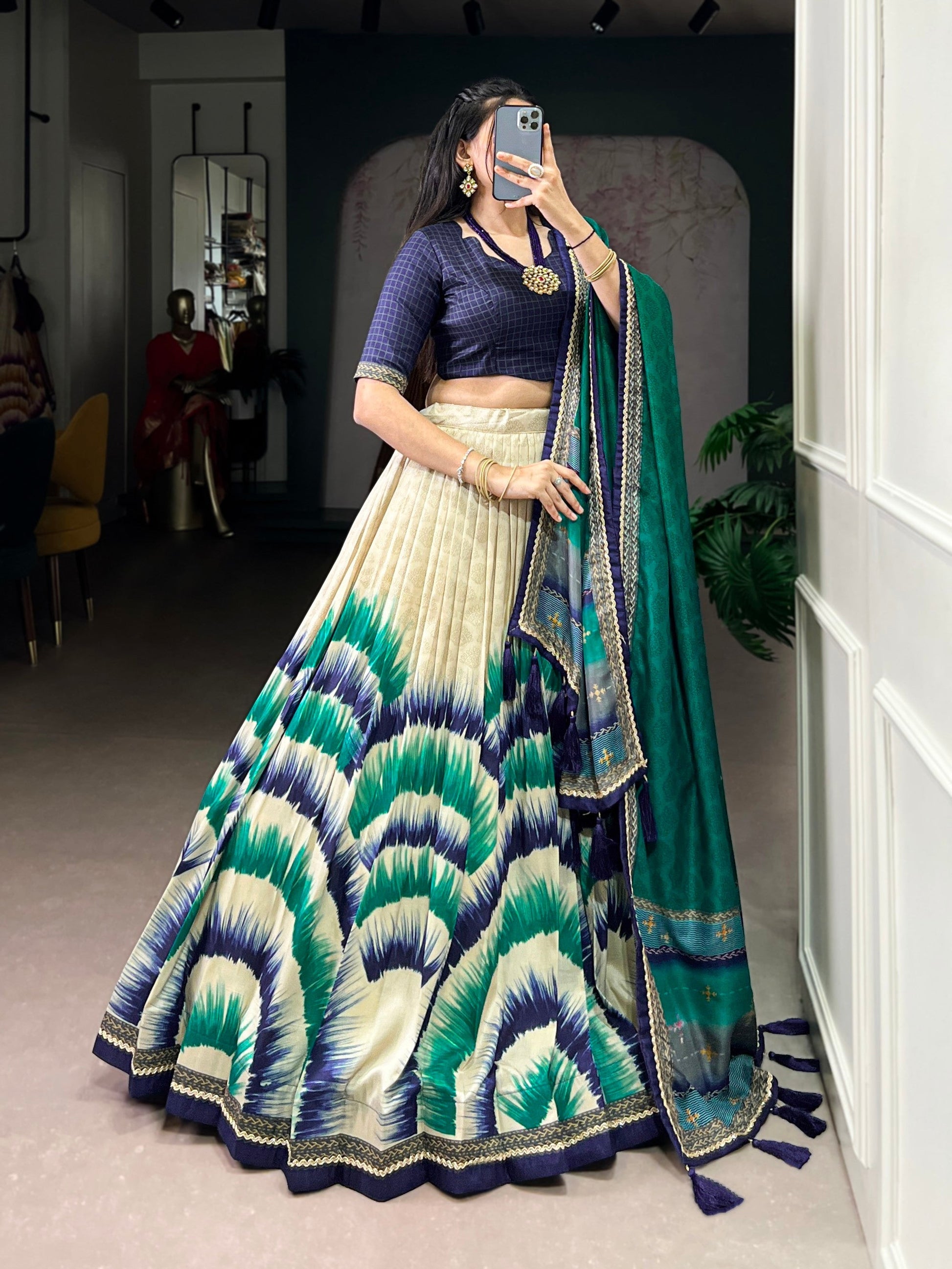 Lorenvalley Fashion Multicolor Tasar Silk Tie and Dye Print with Lace Touch Up Lehenga Choli with Dupatta 