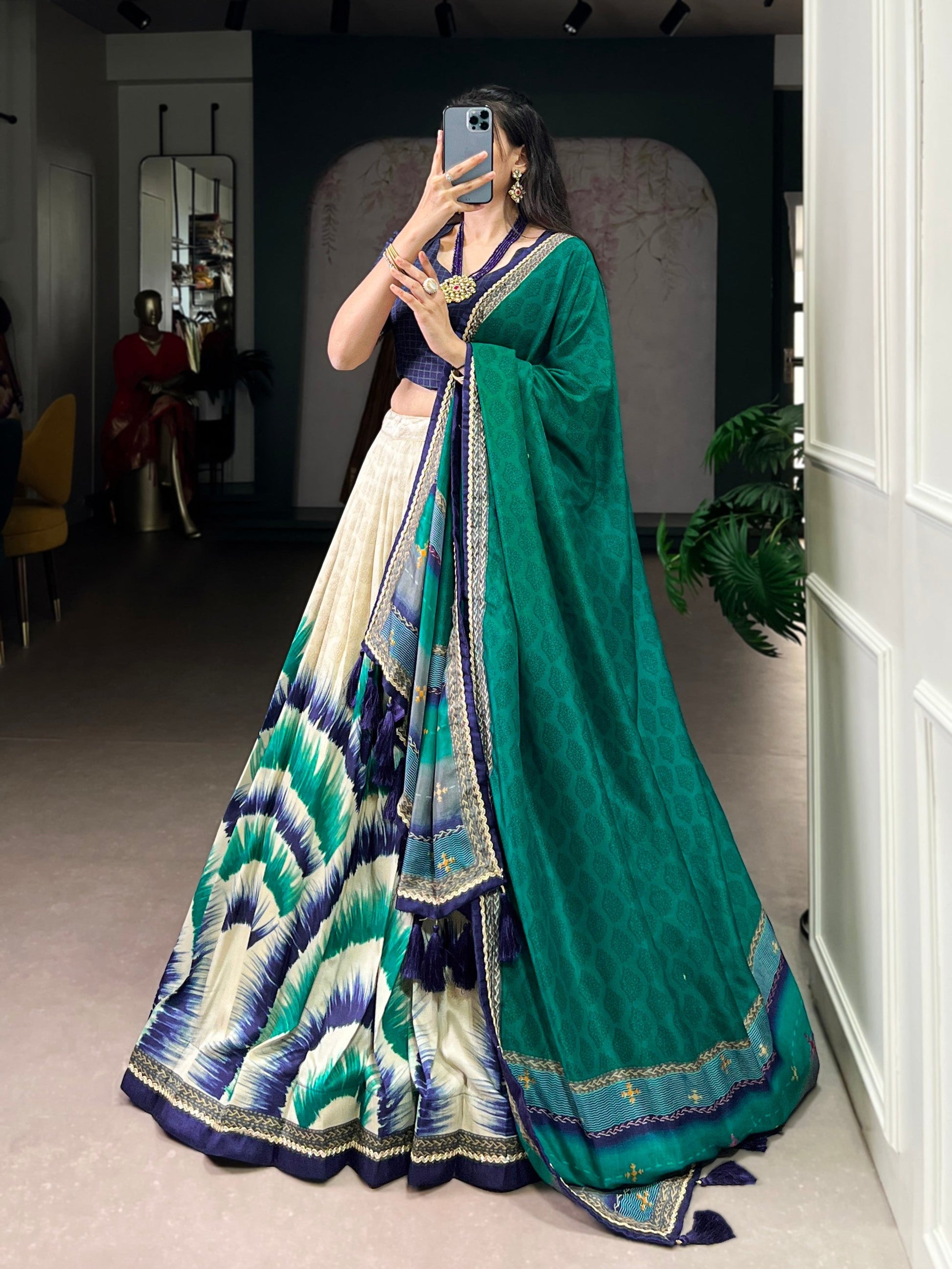 Lorenvalley Fashion Multicolor Tasar Silk Tie and Dye Print with Lace Touch Up Lehenga Choli with Dupatta 