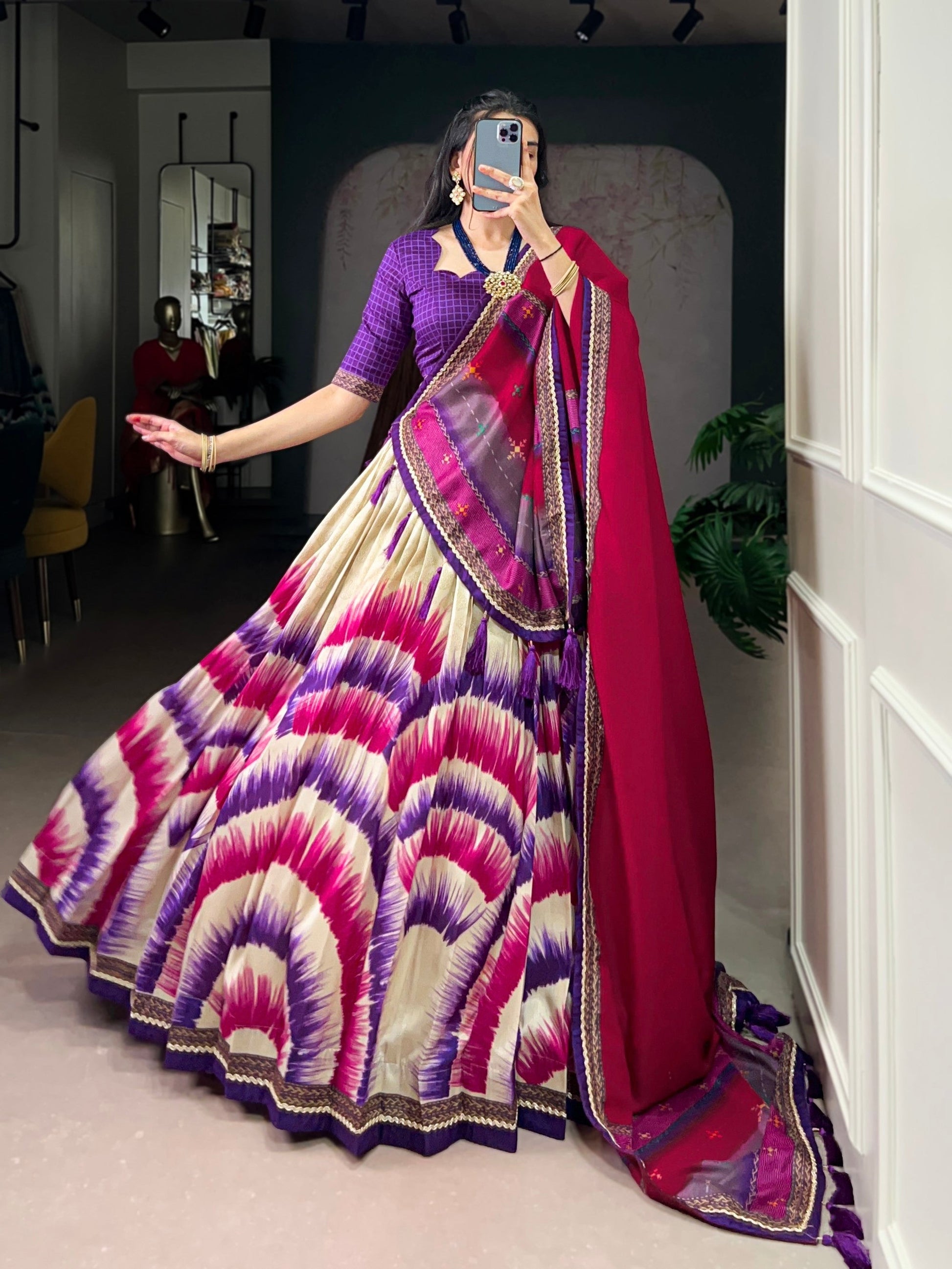 Lorenvalley Fashion Multicolor Tasar Silk Tie and Dye Print with Lace Touch Up Lehenga Choli with Dupatta 