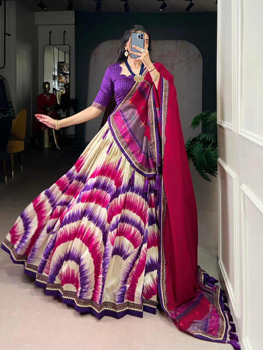 Lorenvalley Fashion Multicolor Tasar Silk Tie and Dye Print with Lace Touch Up Lehenga Choli with Dupatta 