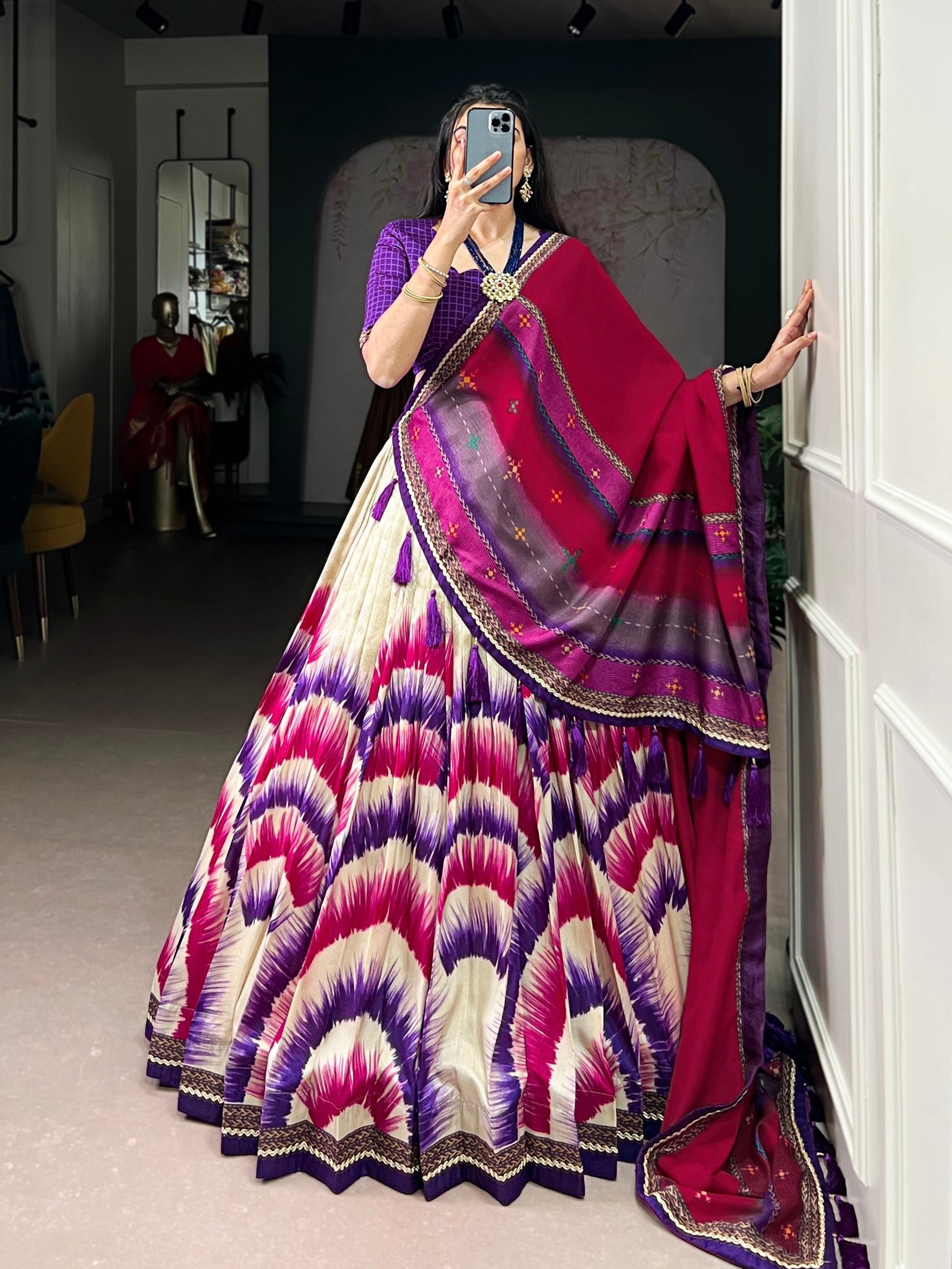 Lorenvalley Fashion Multicolor Tasar Silk Tie and Dye Print with Lace Touch Up Lehenga Choli with Dupatta 