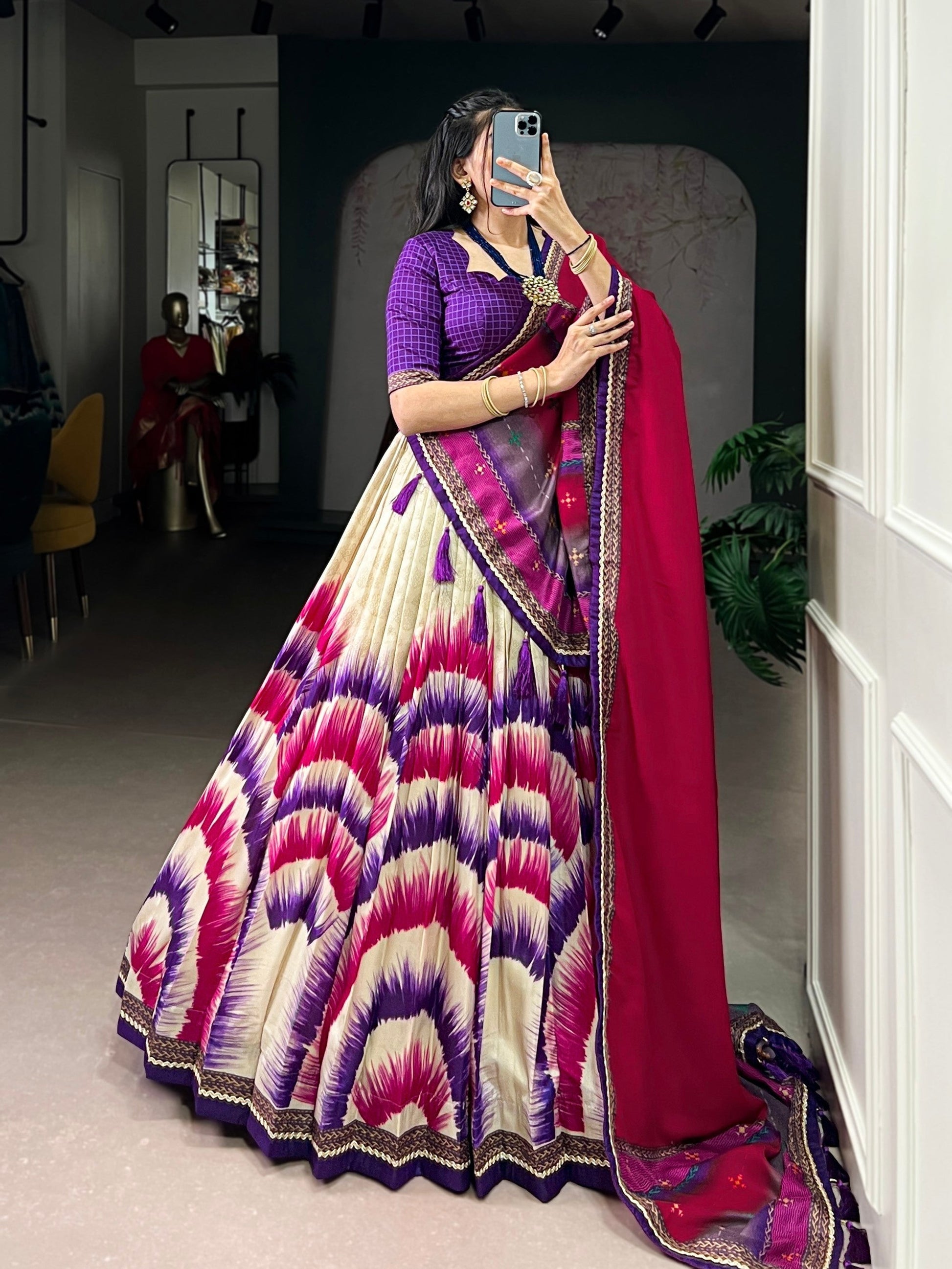 Lorenvalley Fashion Multicolor Tasar Silk Tie and Dye Print with Lace Touch Up Lehenga Choli with Dupatta 