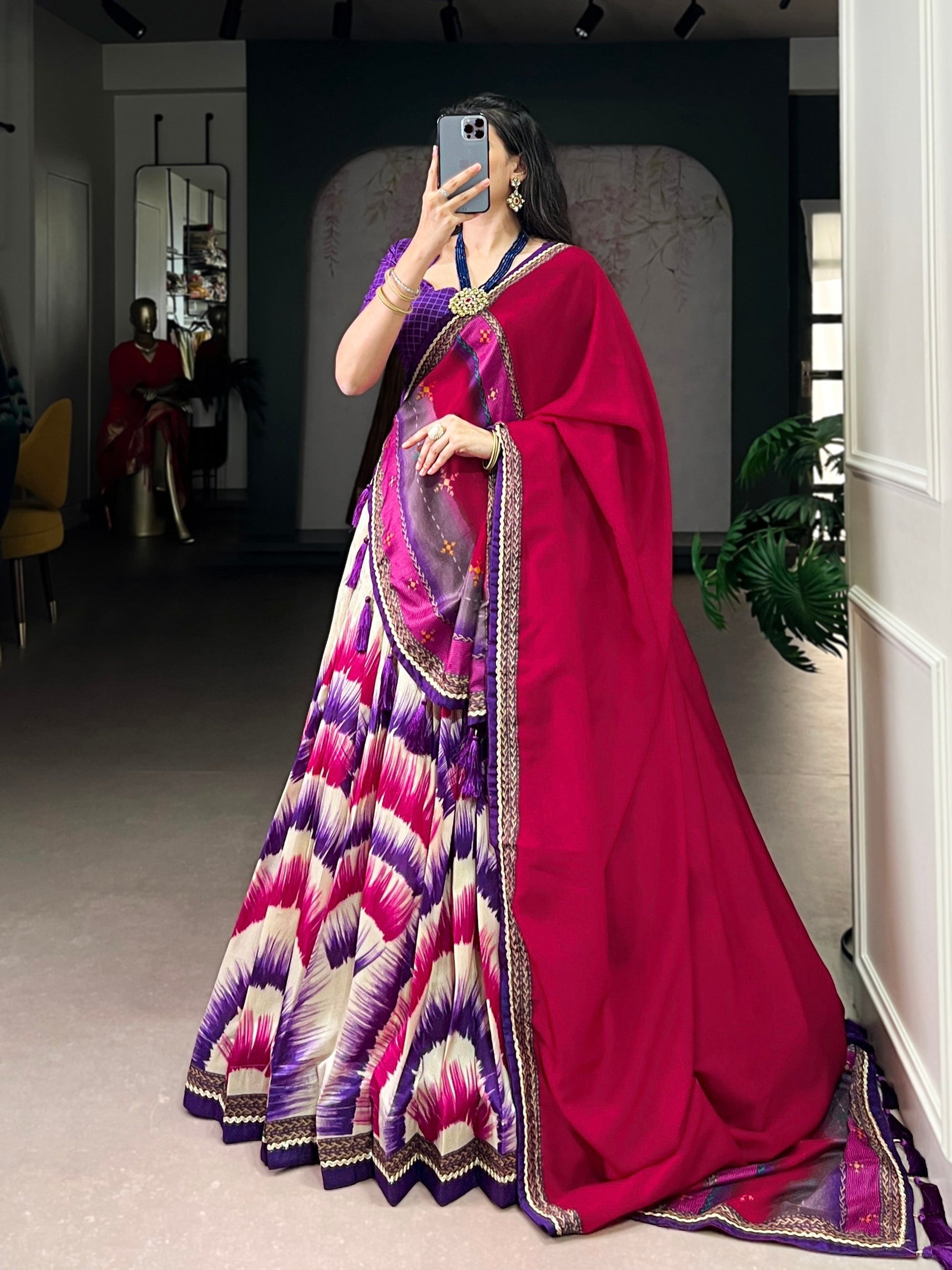 Lorenvalley Fashion Multicolor Tasar Silk Tie and Dye Print with Lace Touch Up Lehenga Choli with Dupatta 