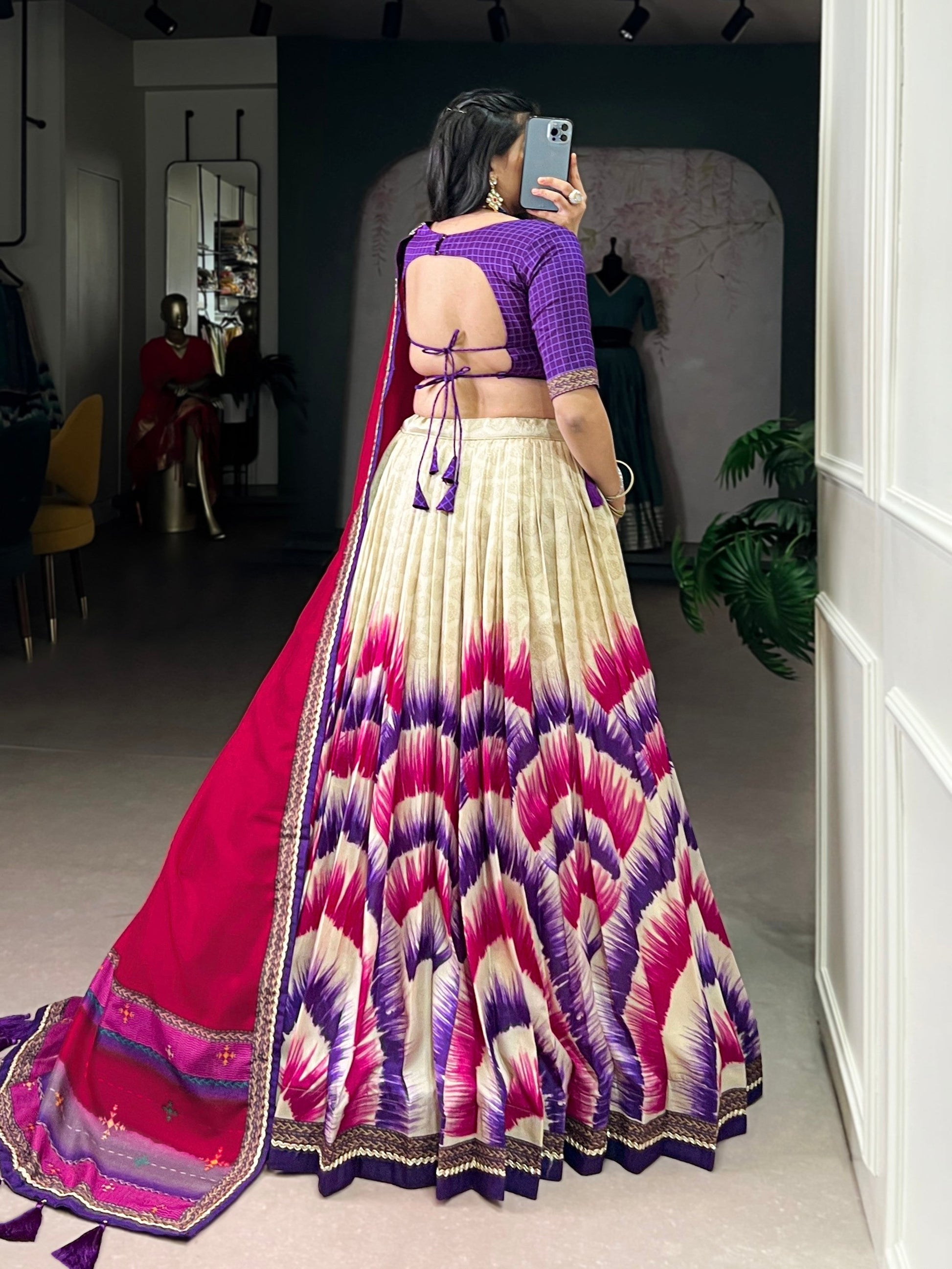 Lorenvalley Fashion Multicolor Tasar Silk Tie and Dye Print with Lace Touch Up Lehenga Choli with Dupatta 