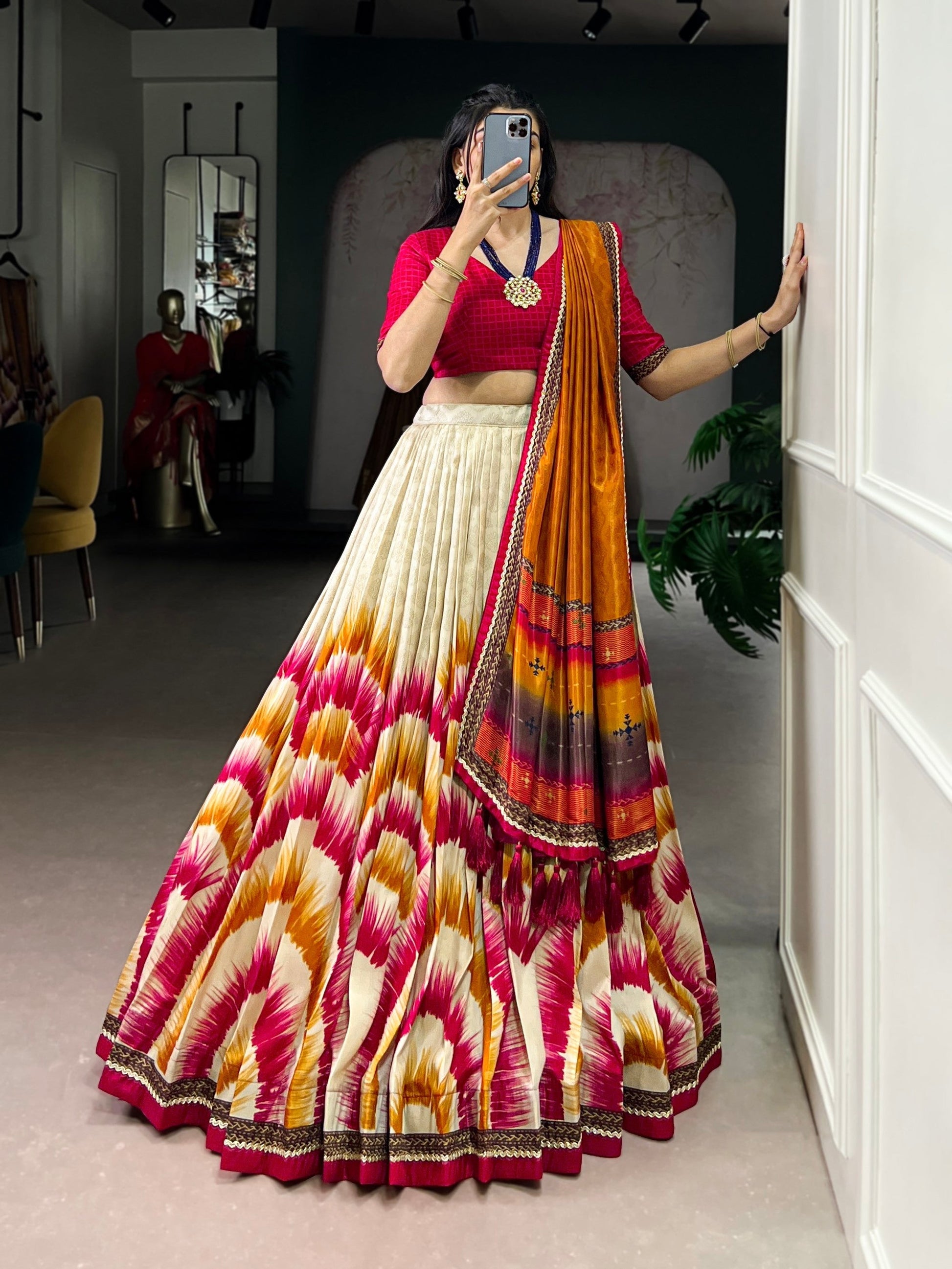 Lorenvalley Fashion Multicolor Tasar Silk Tie and Dye Print with Lace Touch Up Lehenga Choli with Dupatta 
