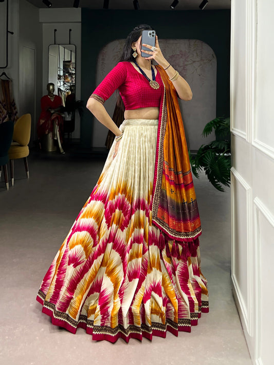 Lorenvalley Fashion Multicolor Tasar Silk Tie and Dye Print with Lace Touch Up Lehenga Choli with Dupatta 