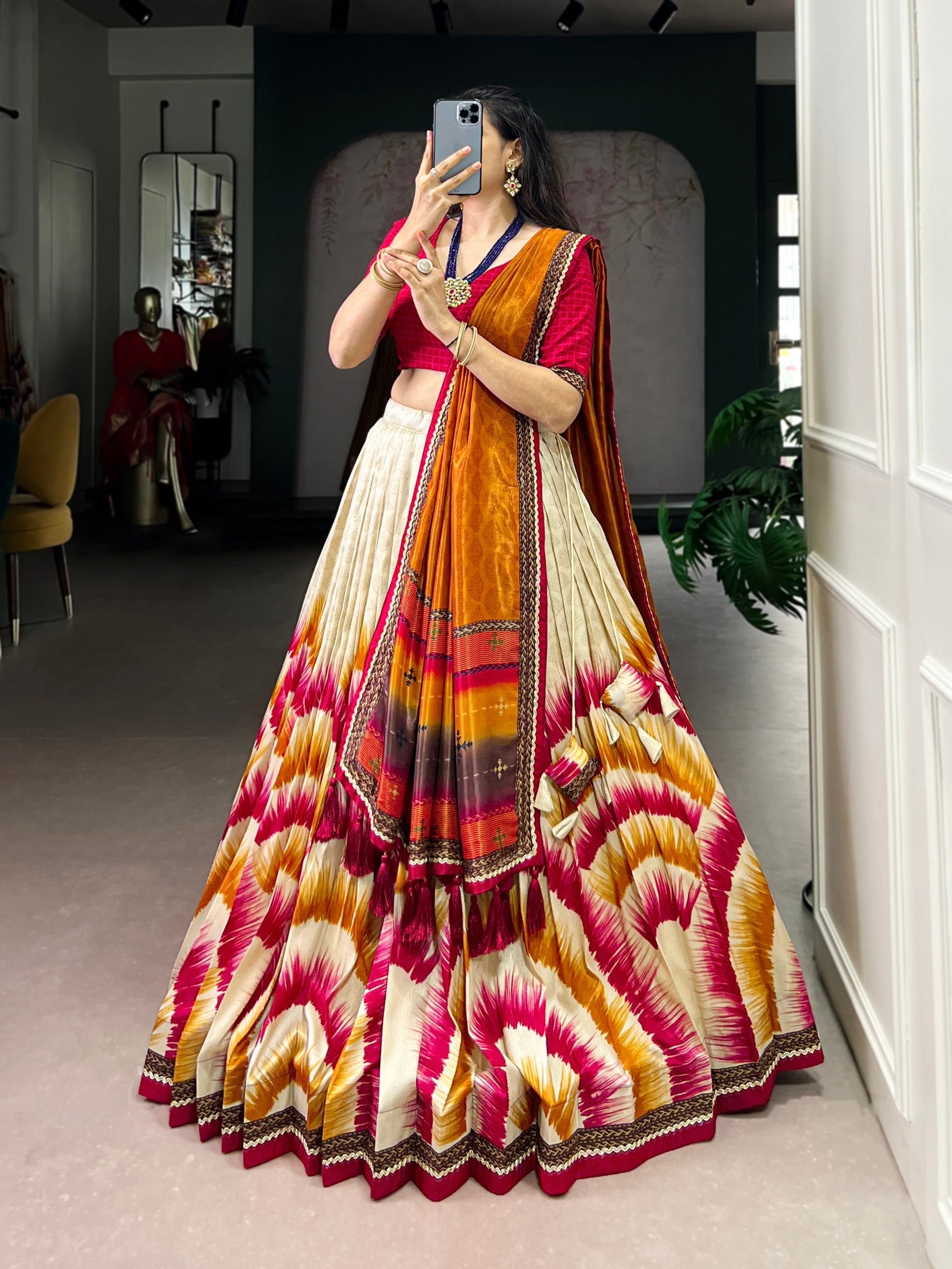Lorenvalley Fashion Multicolor Tasar Silk Tie and Dye Print with Lace Touch Up Lehenga Choli with Dupatta 