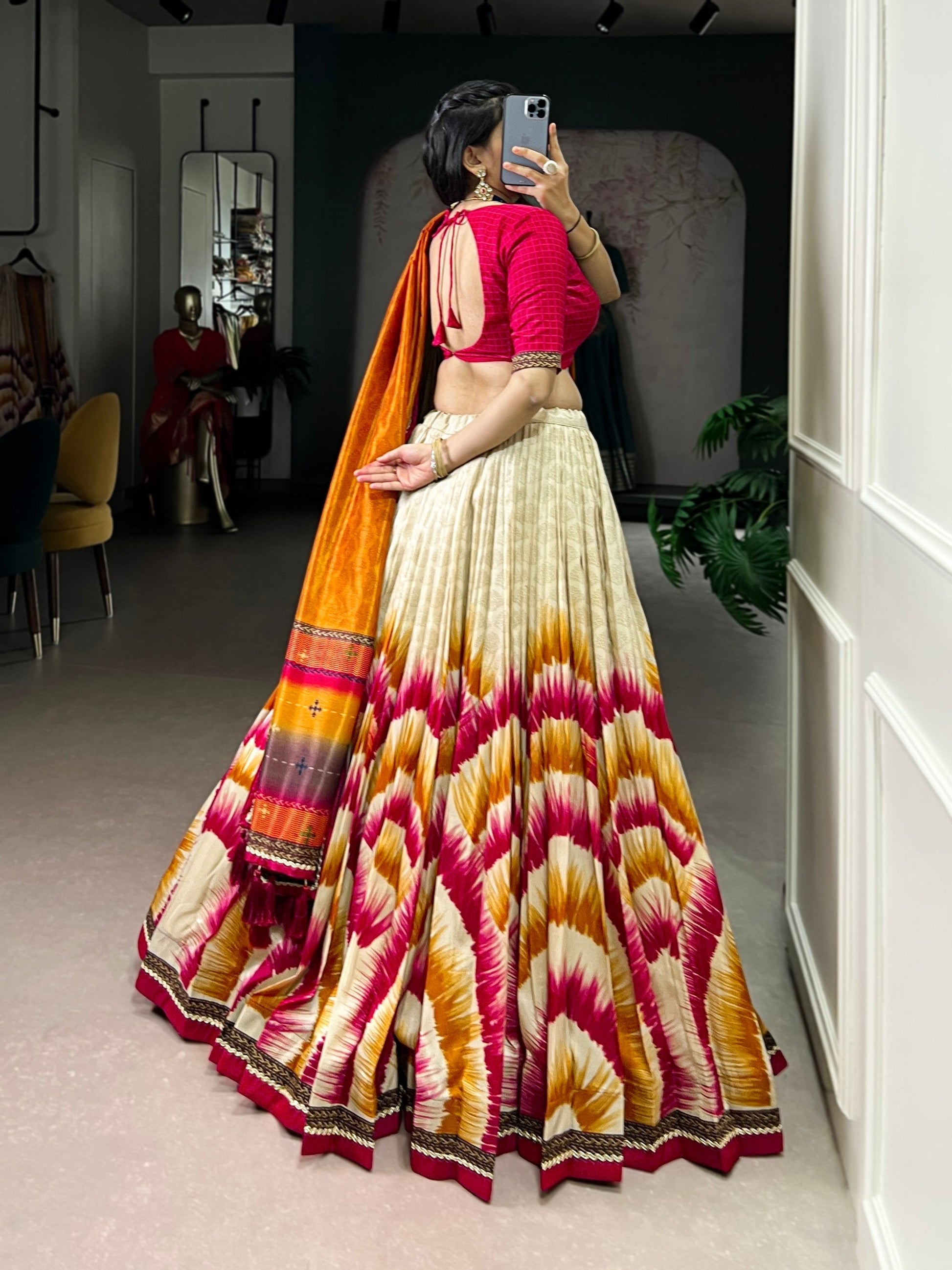 Lorenvalley Fashion Multicolor Tasar Silk Tie and Dye Print with Lace Touch Up Lehenga Choli with Dupatta 